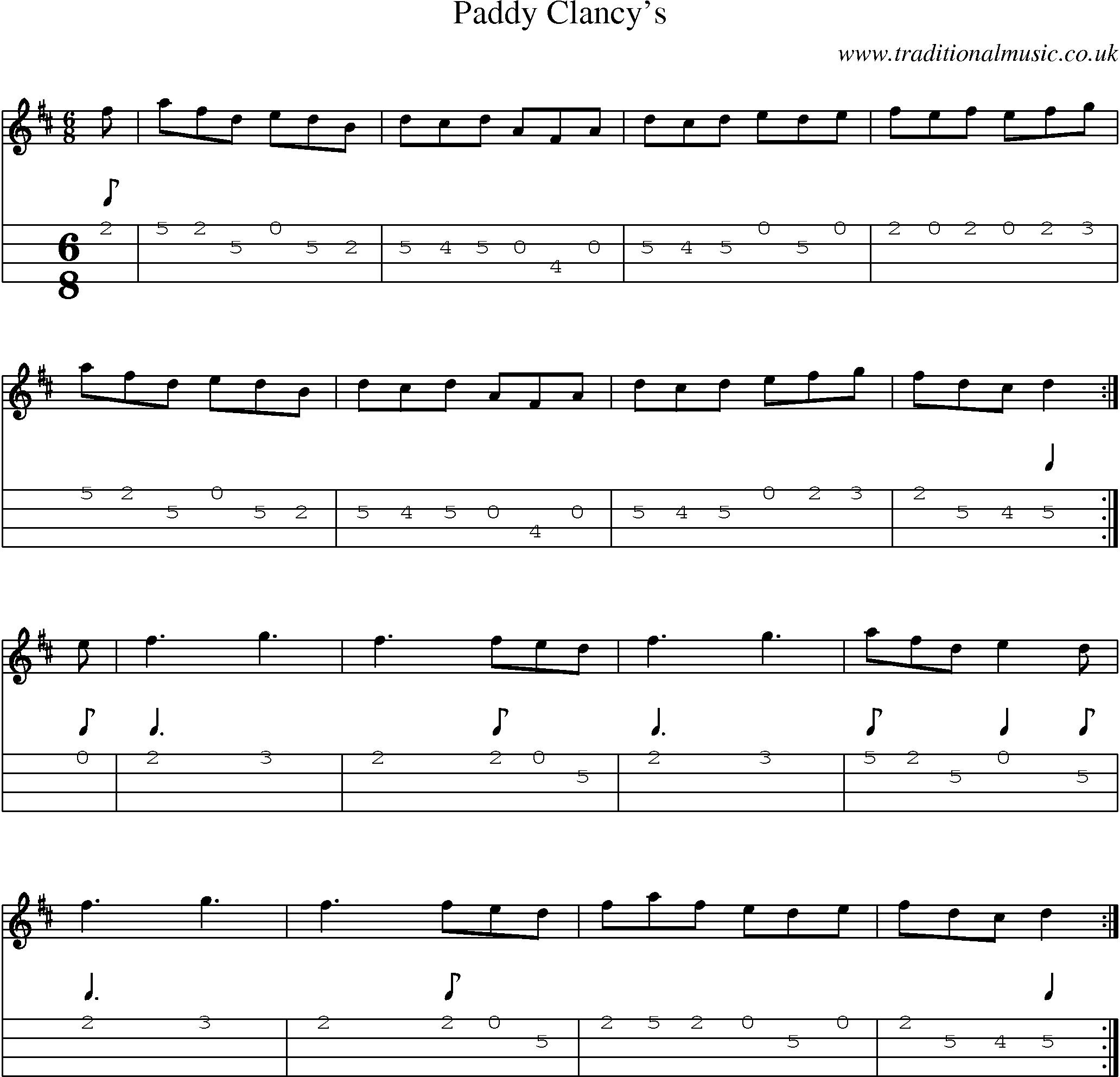 Music Score and Mandolin Tabs for Paddy Clancys
