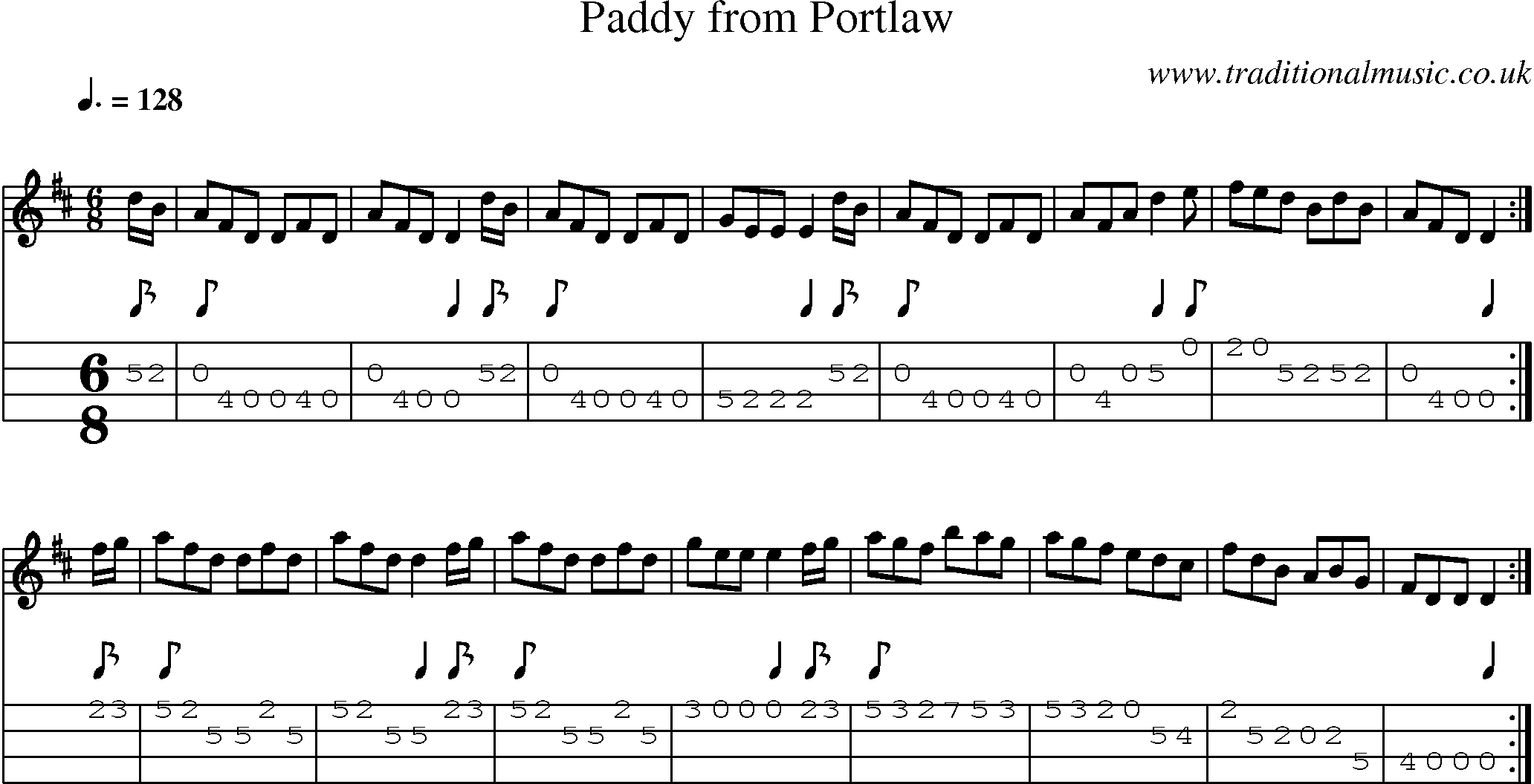 Music Score and Mandolin Tabs for Paddy From Portlaw