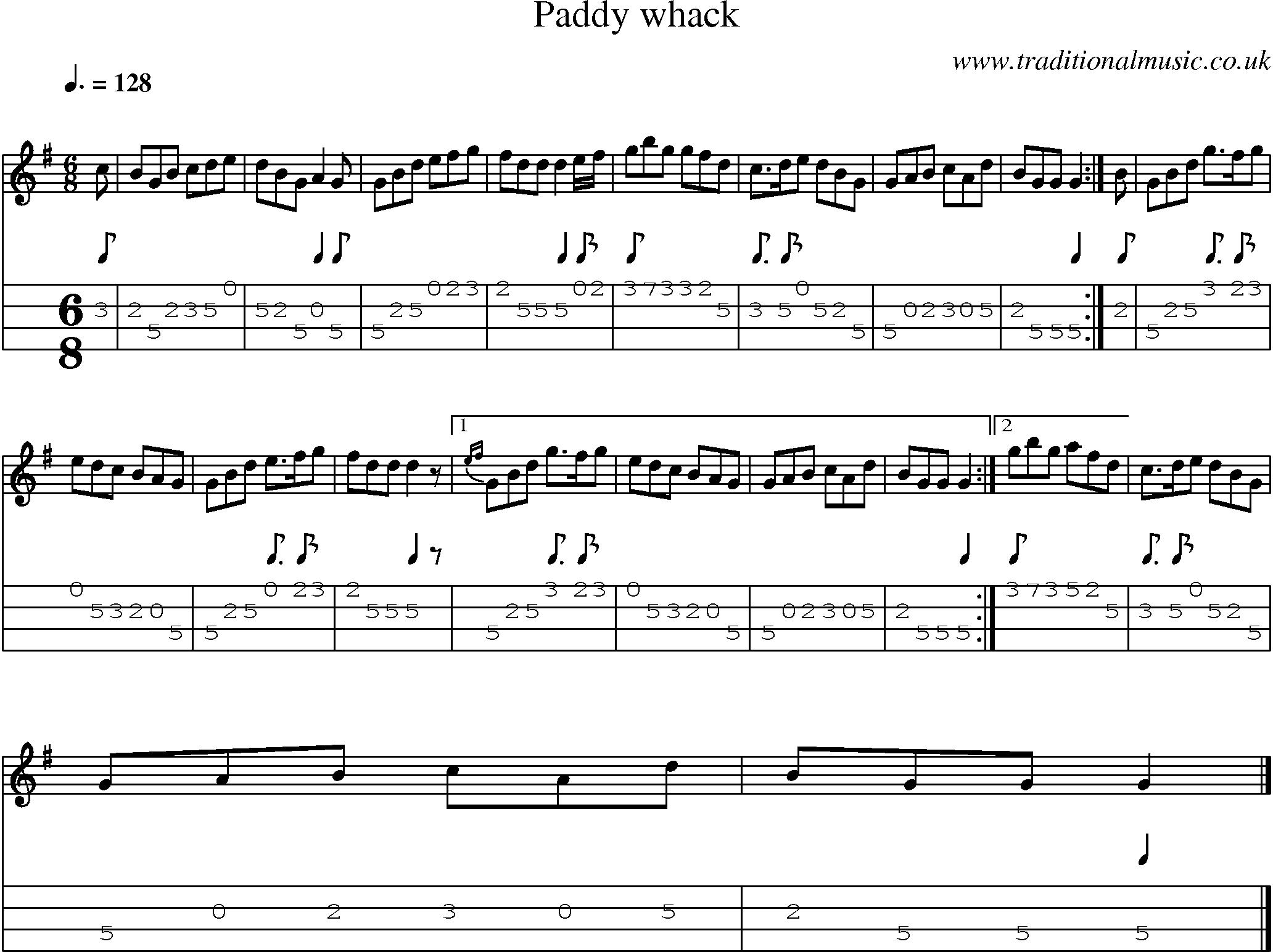 Music Score and Mandolin Tabs for Paddy Whack