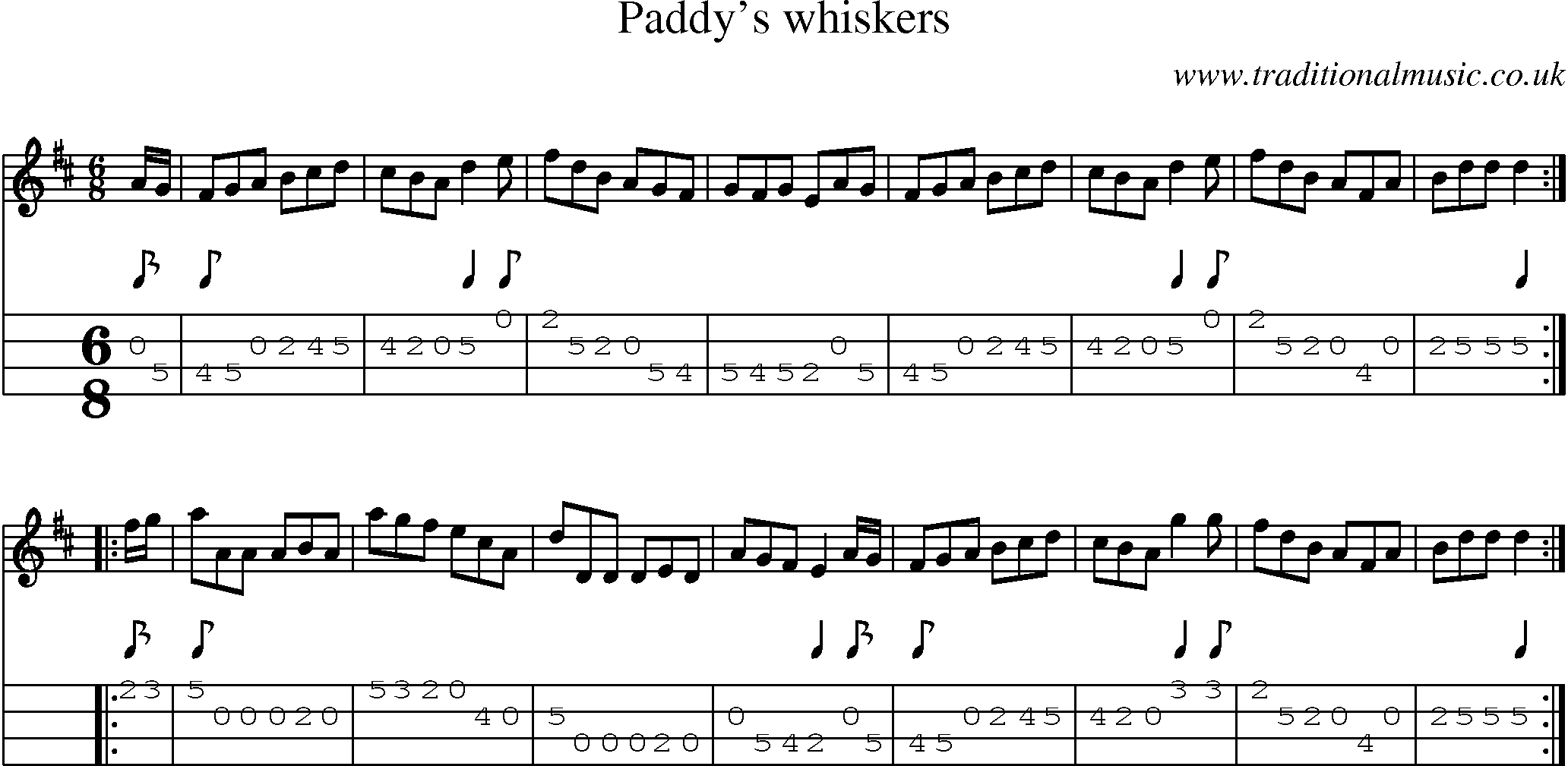 Music Score and Mandolin Tabs for Paddys Whiskers