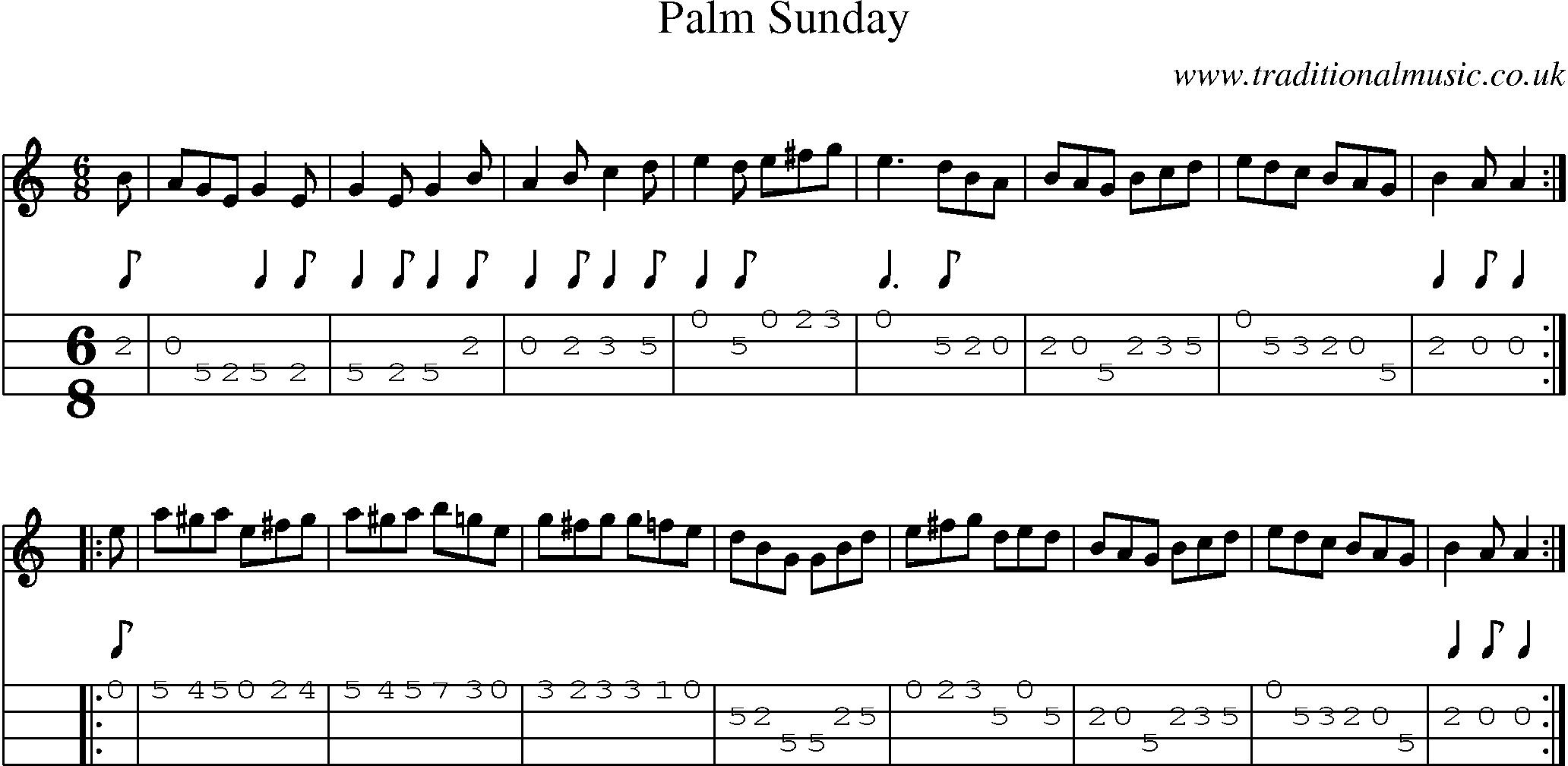 Music Score and Mandolin Tabs for Palm Sunday