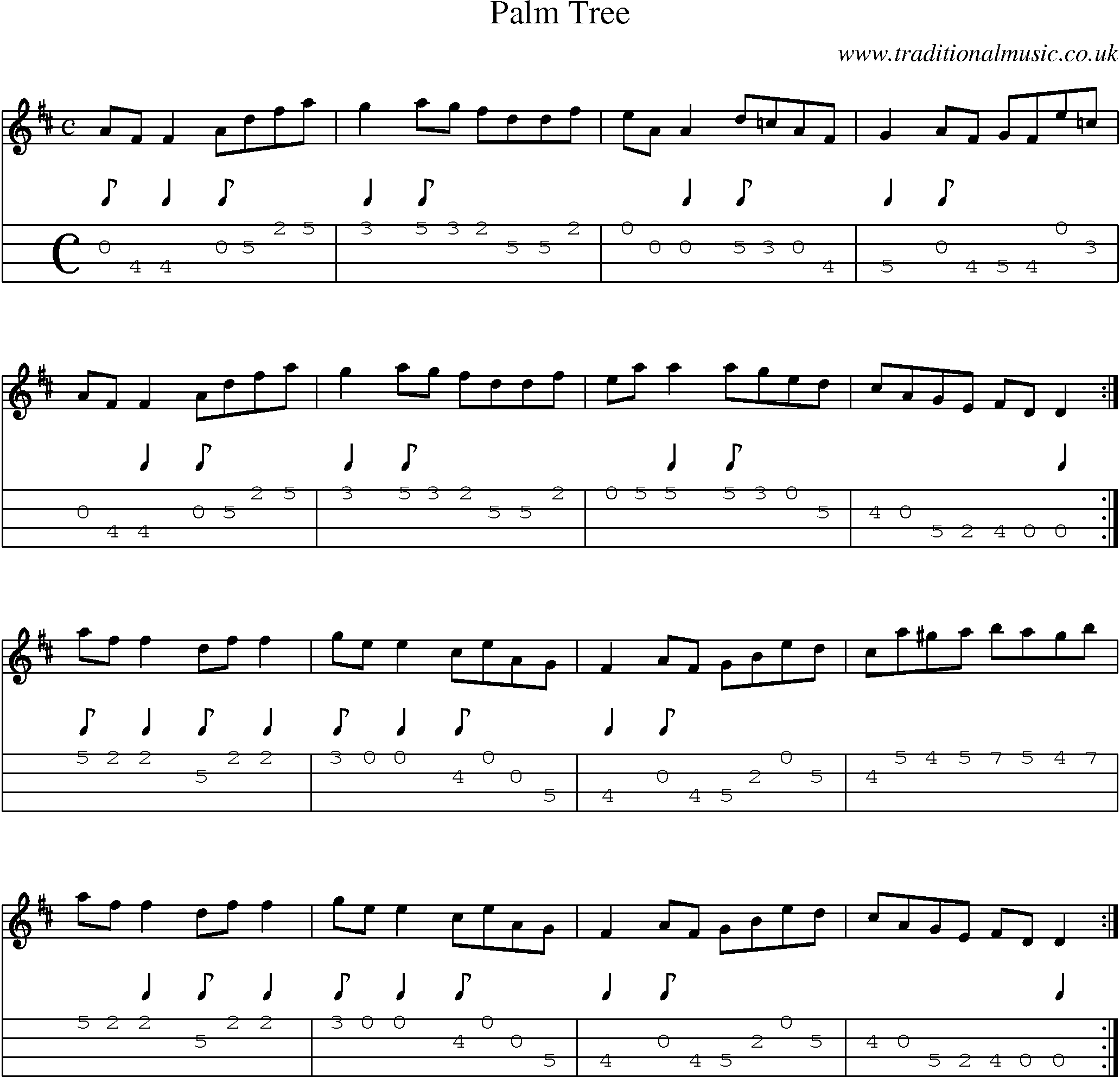 Music Score and Mandolin Tabs for Palm Tree