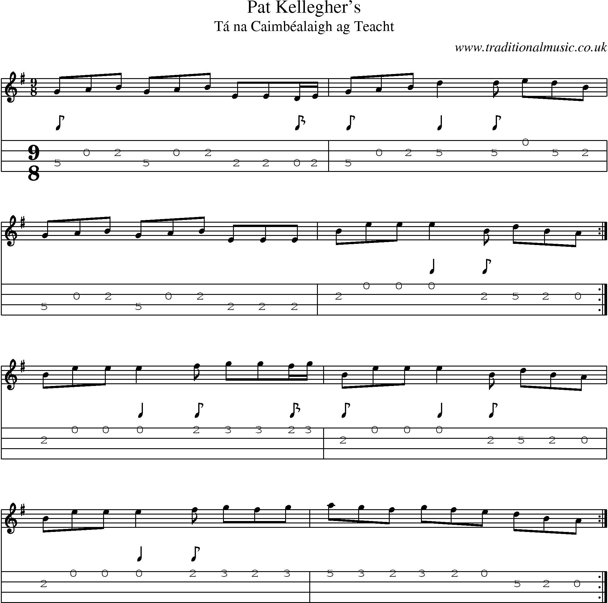 Music Score and Mandolin Tabs for Pat Kelleghers