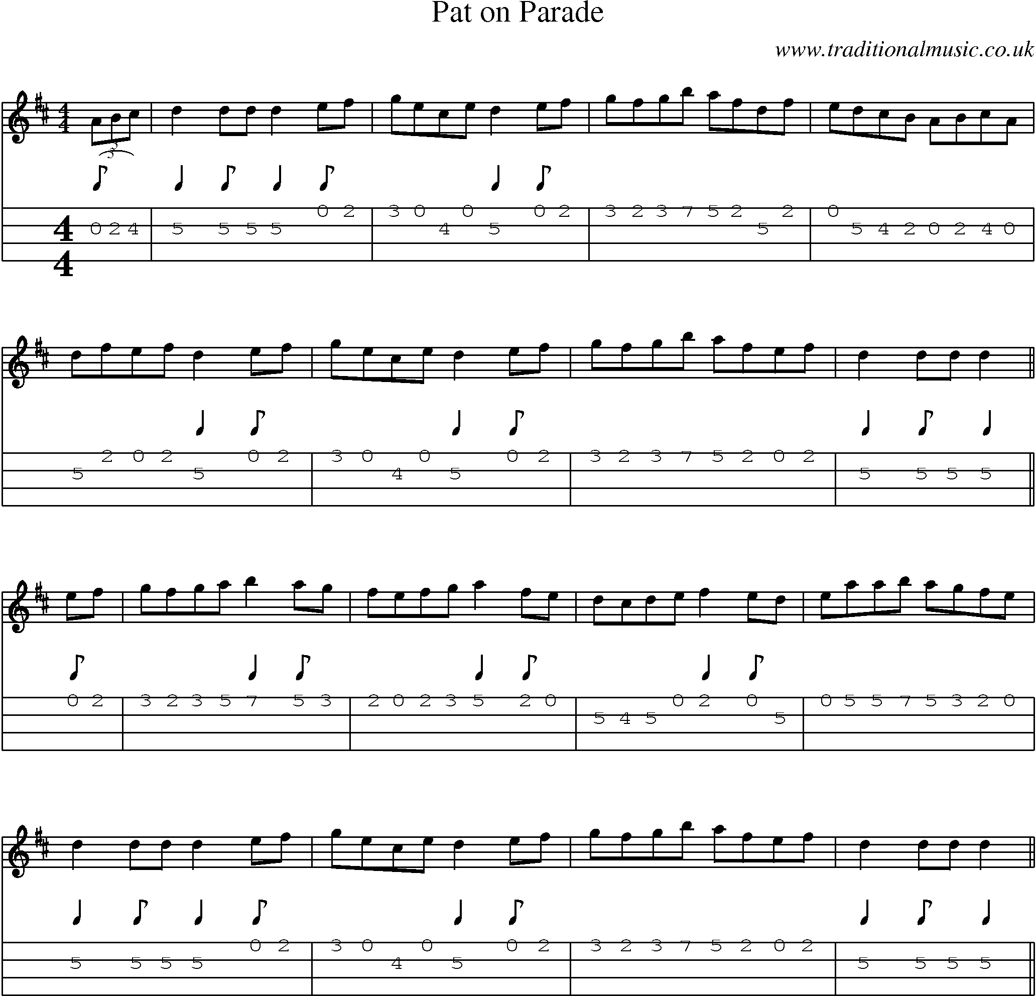 Music Score and Mandolin Tabs for Pat On Parade