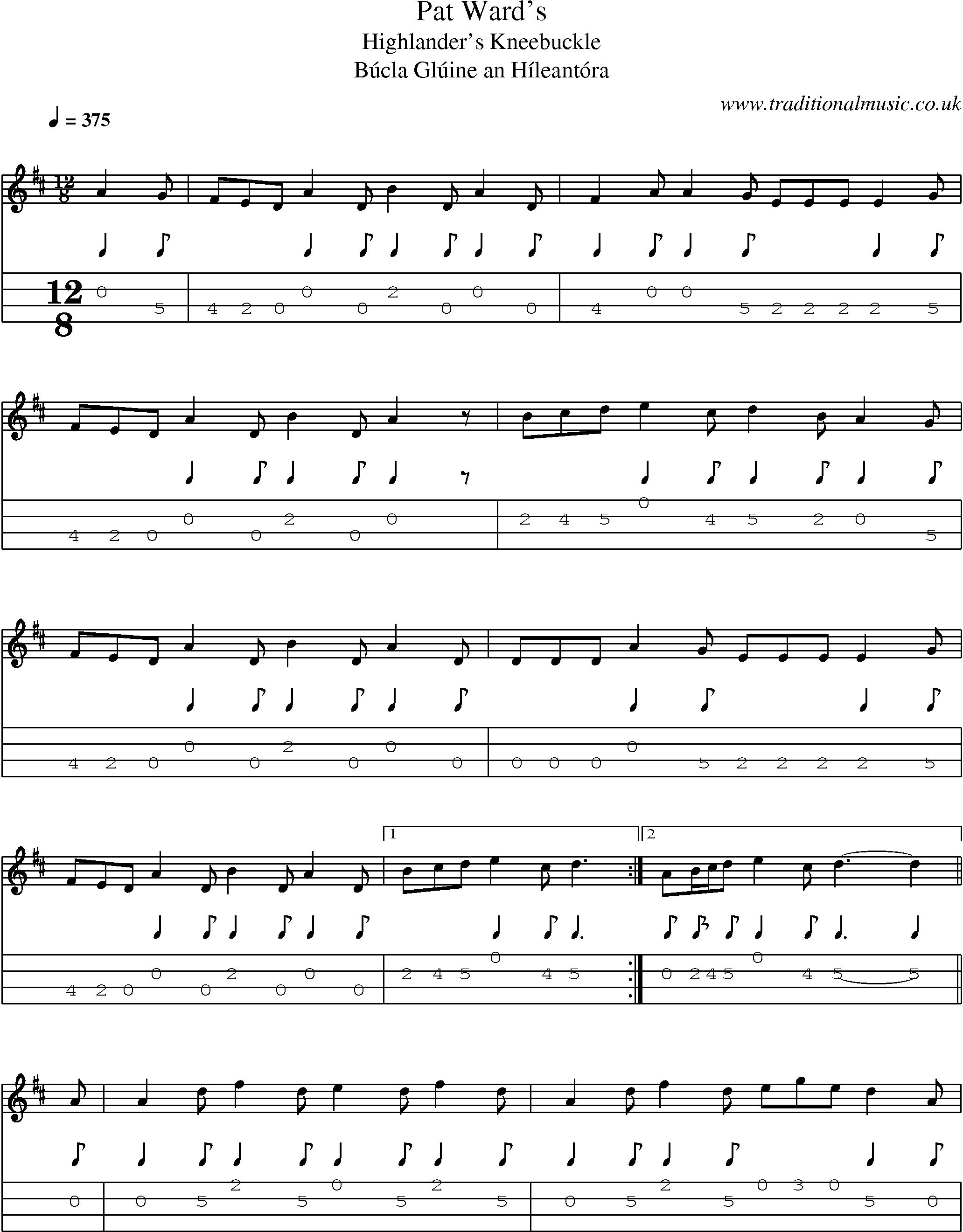 Music Score and Mandolin Tabs for Pat Wards