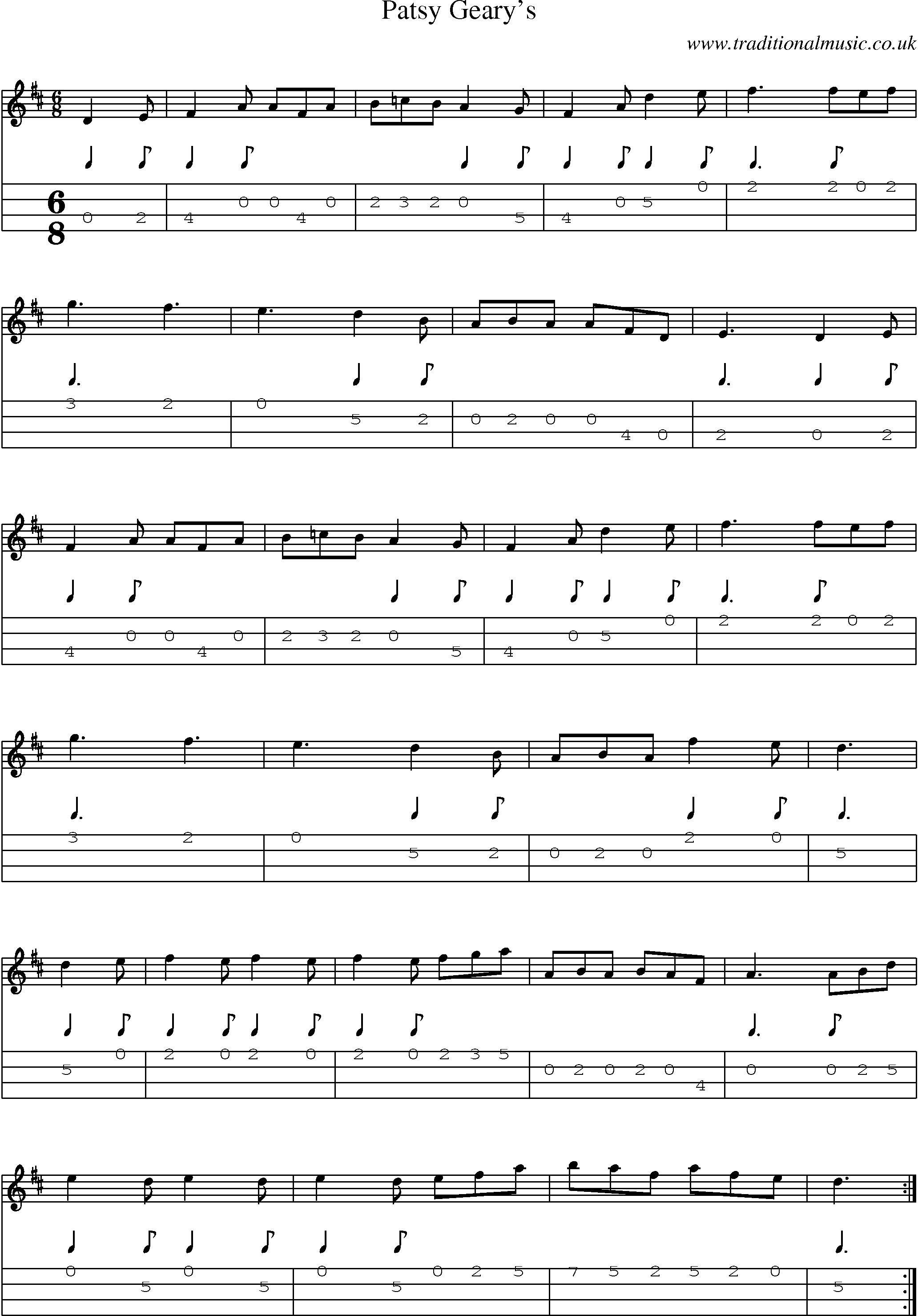 Music Score and Mandolin Tabs for Patsy Gearys