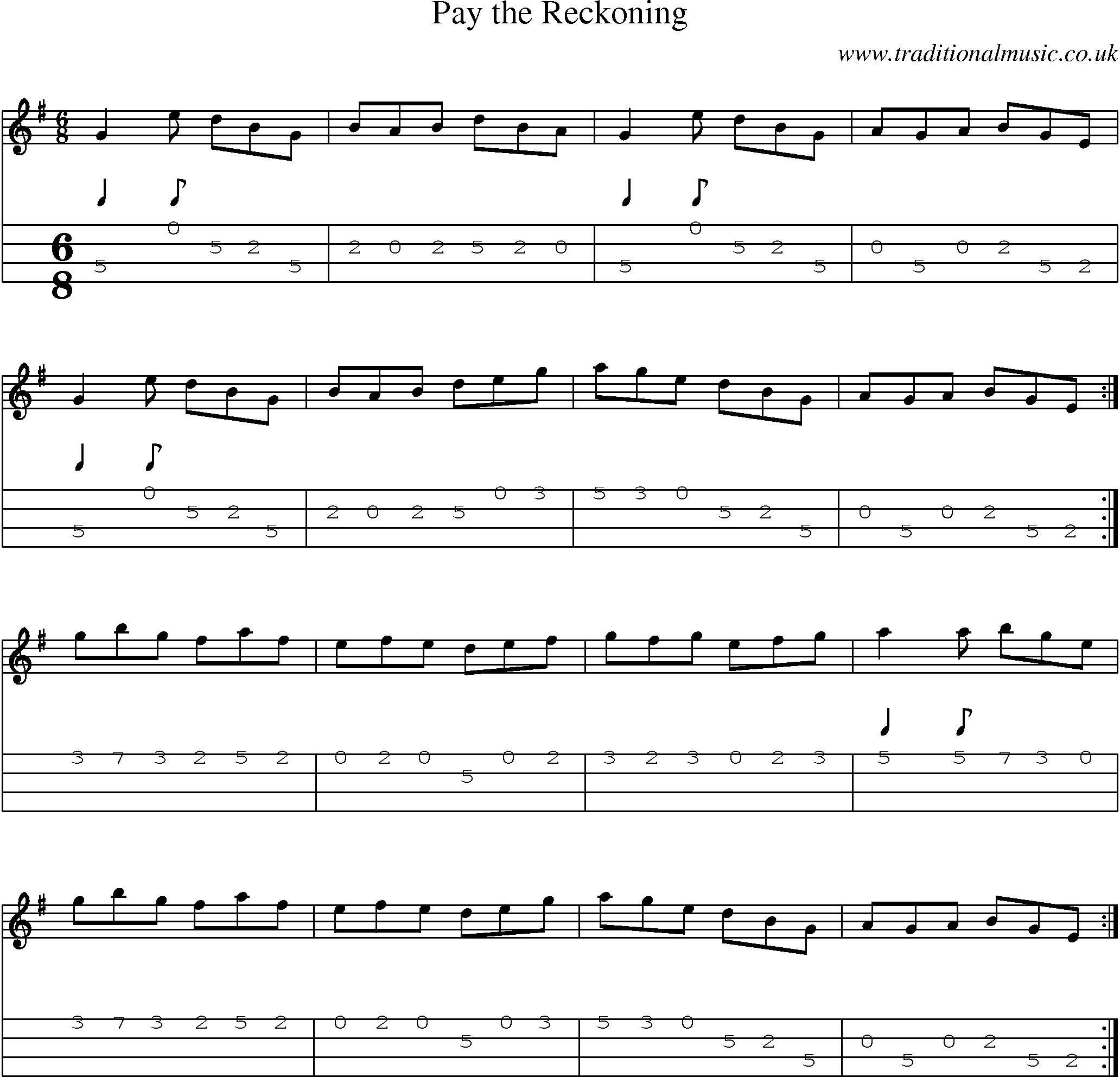 Music Score and Mandolin Tabs for Pay Reckoning