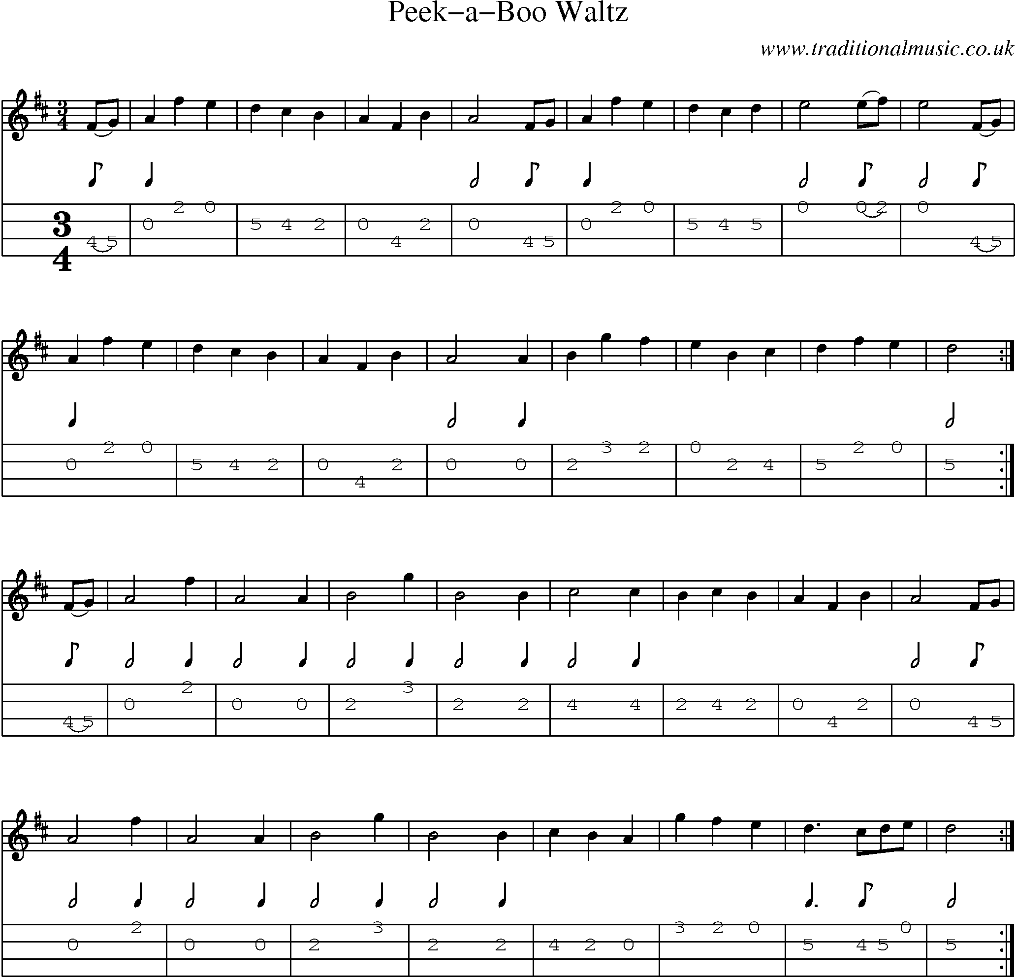 Music Score and Mandolin Tabs for Peekaboo Waltz