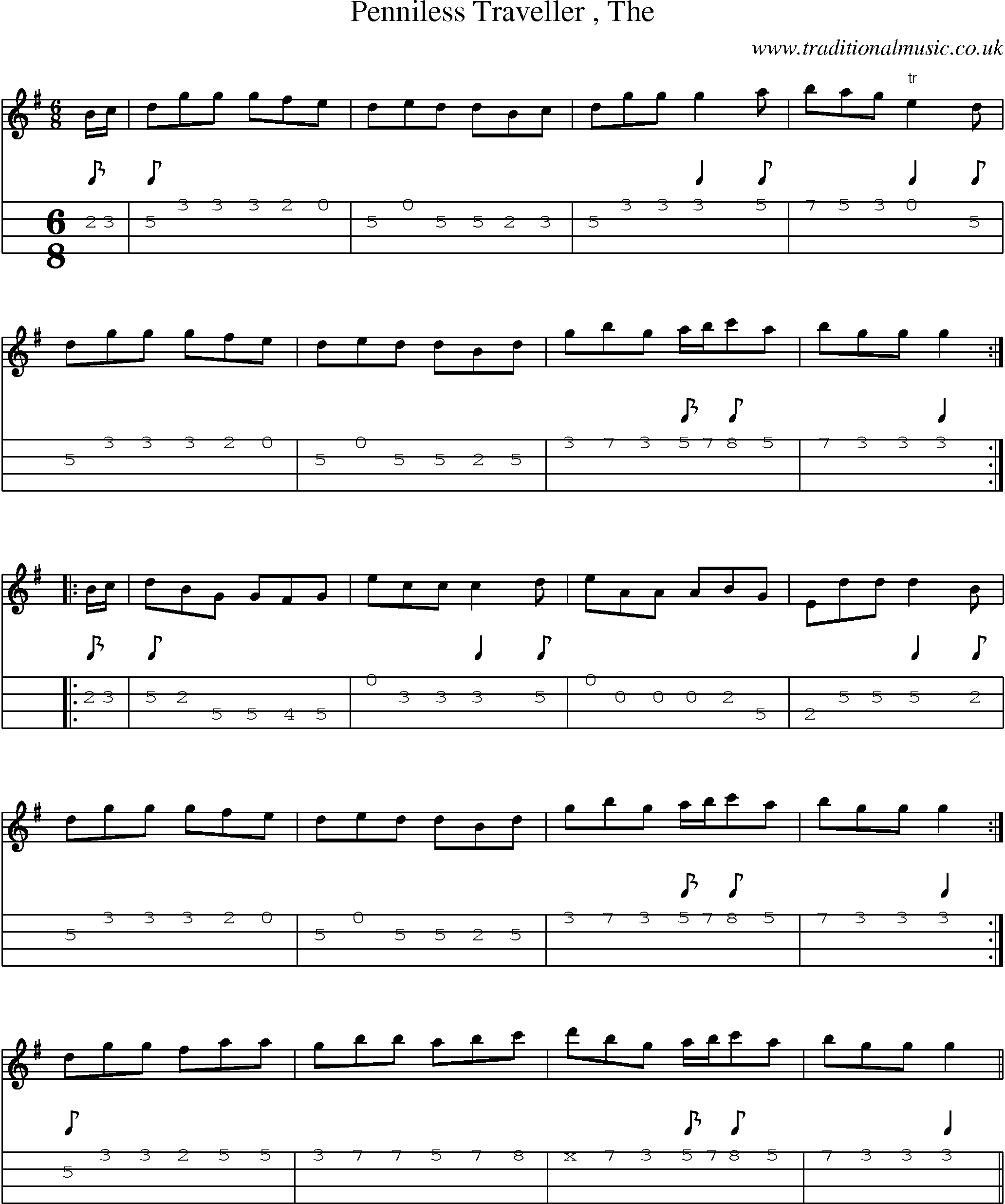 Music Score and Mandolin Tabs for Penniless Traveller
