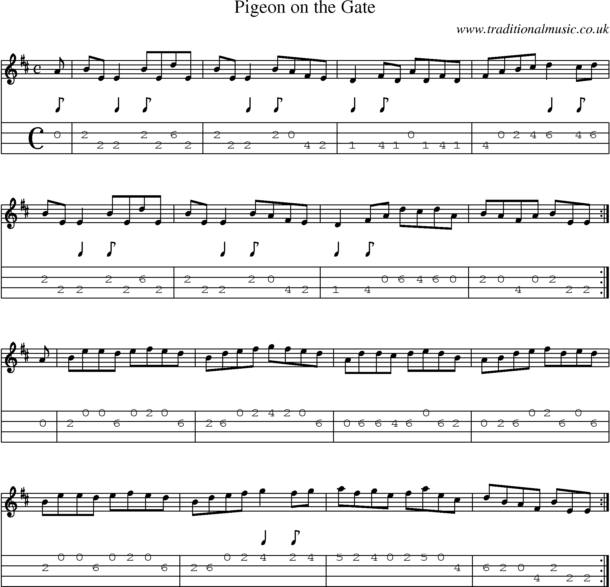 Music Score and Mandolin Tabs for Pigeon On Gate