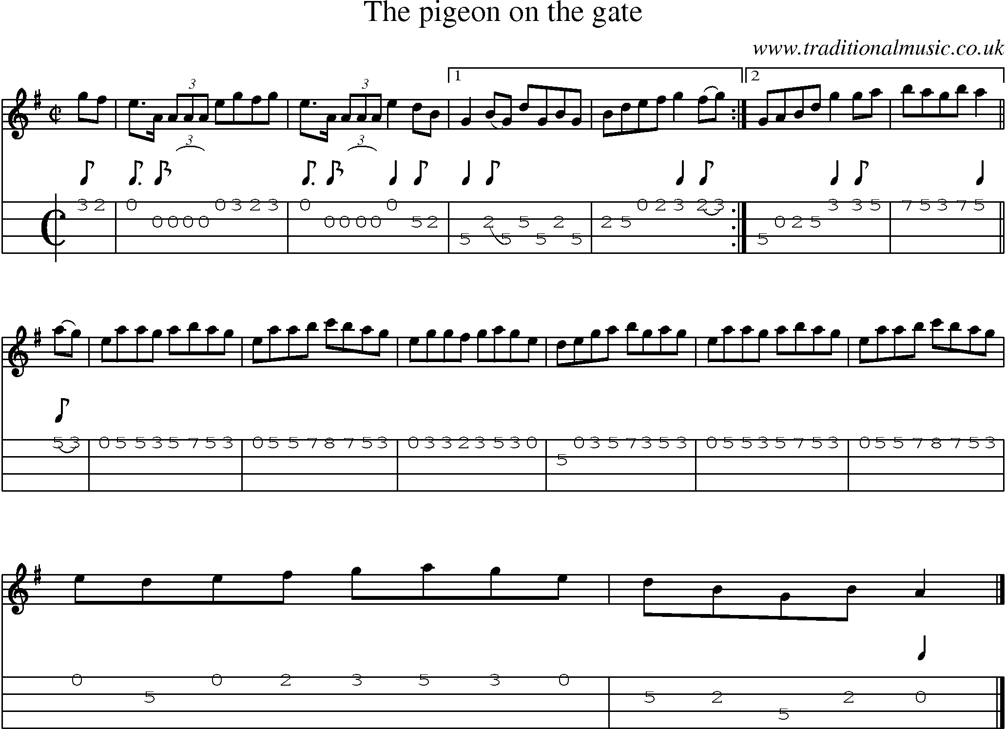 Music Score and Mandolin Tabs for Pigeon On The Gate
