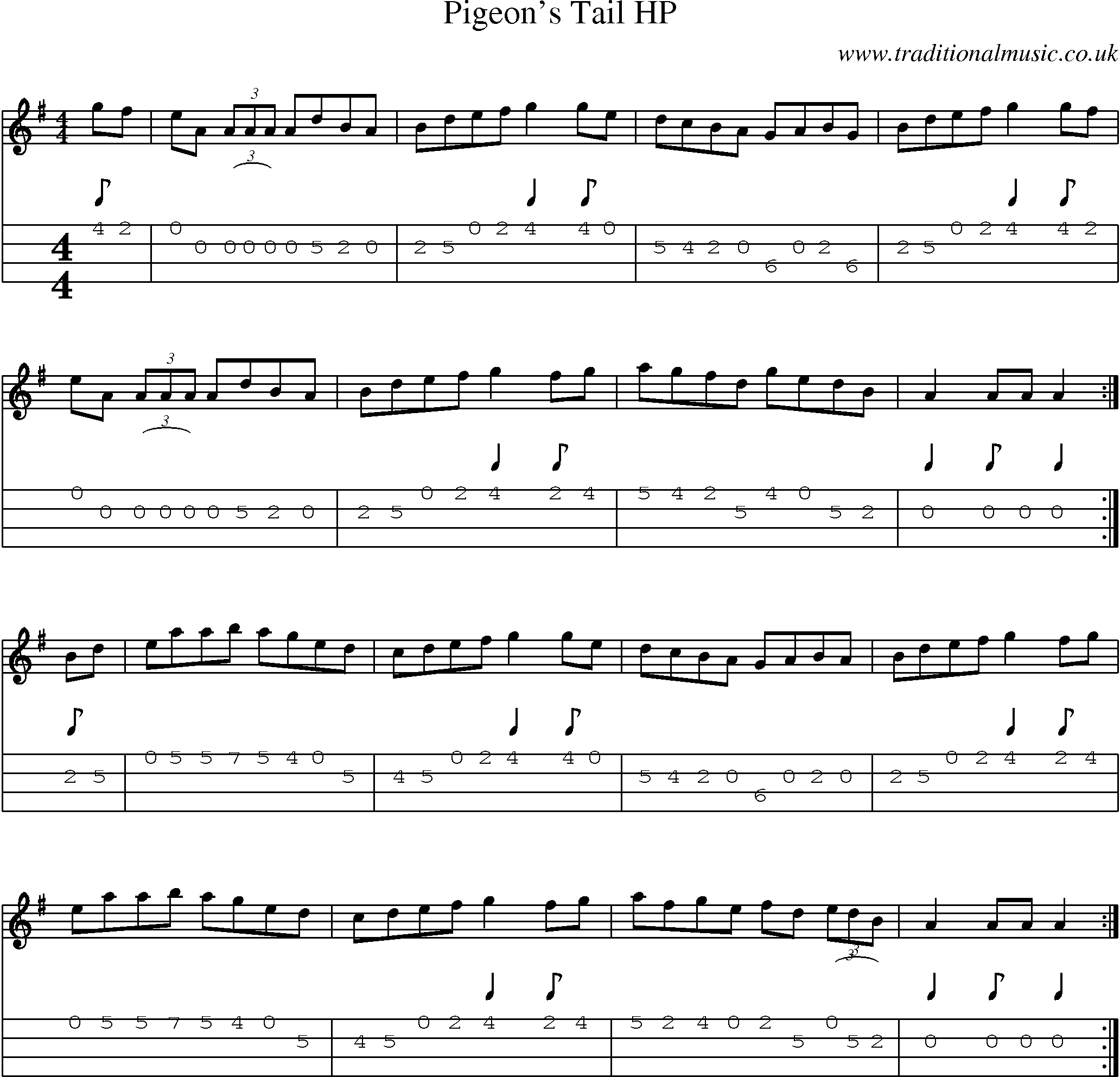 Music Score and Mandolin Tabs for Pigeons Tail