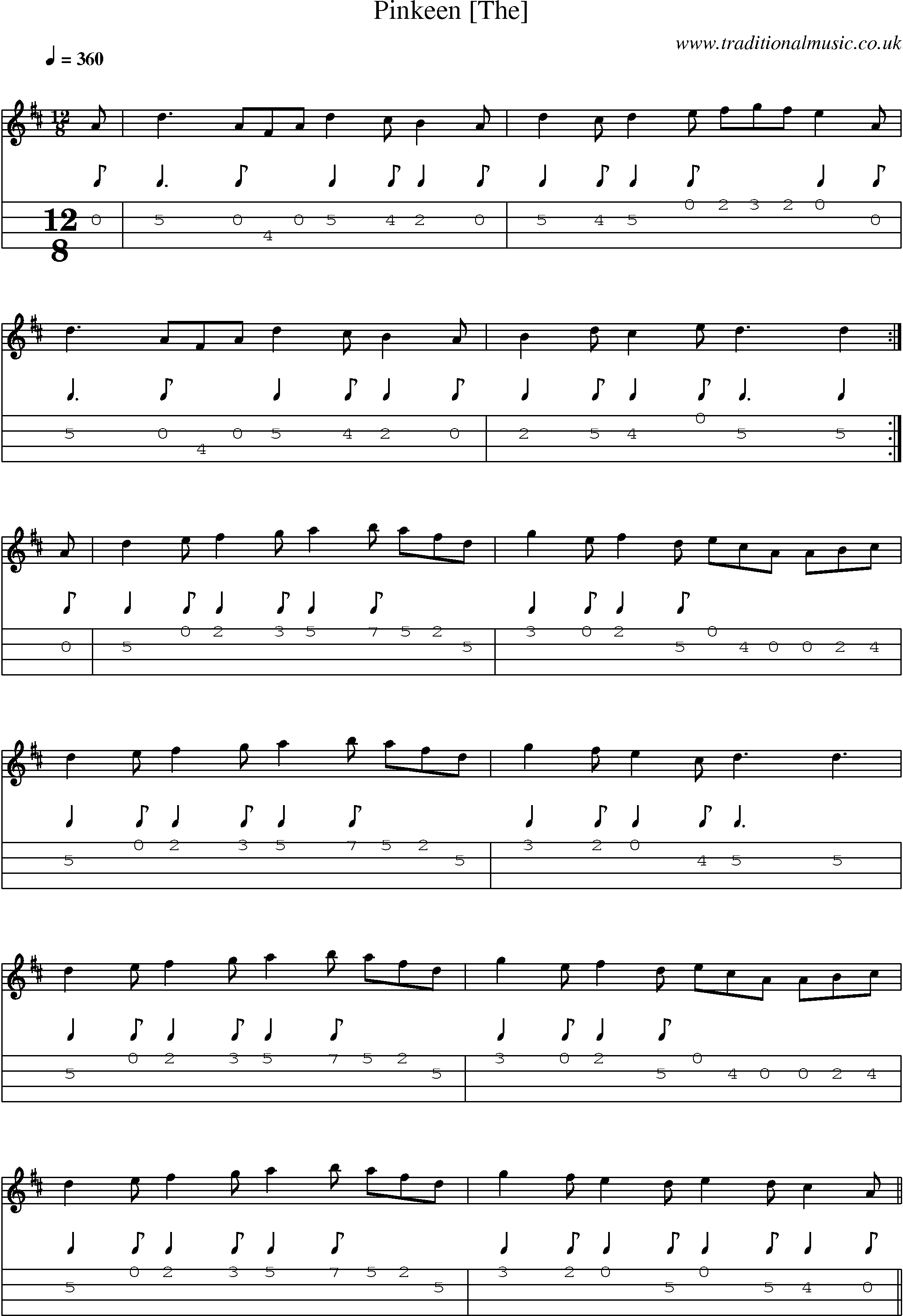Music Score and Mandolin Tabs for Pinkeen