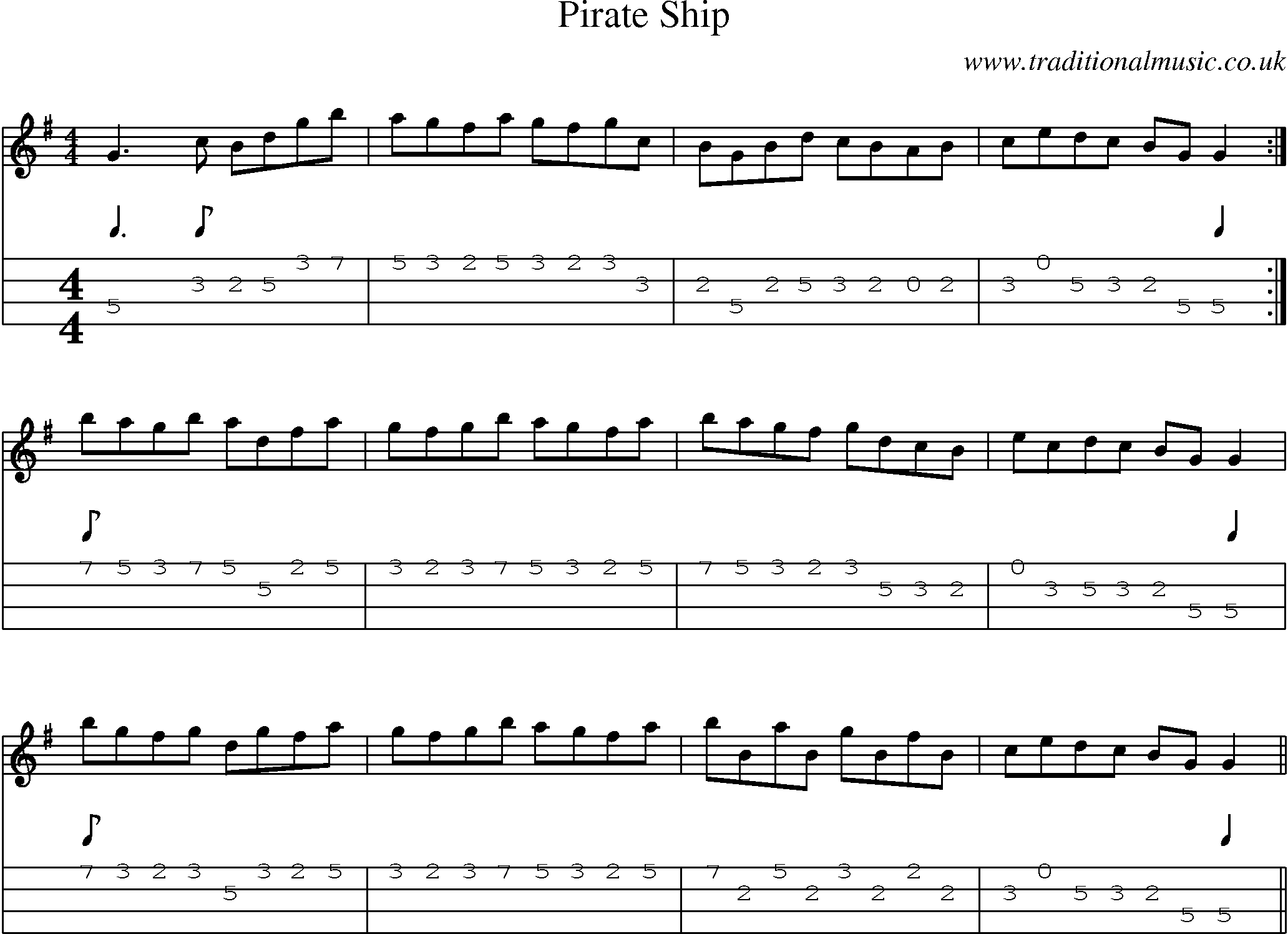 Music Score and Mandolin Tabs for Pirate Ship