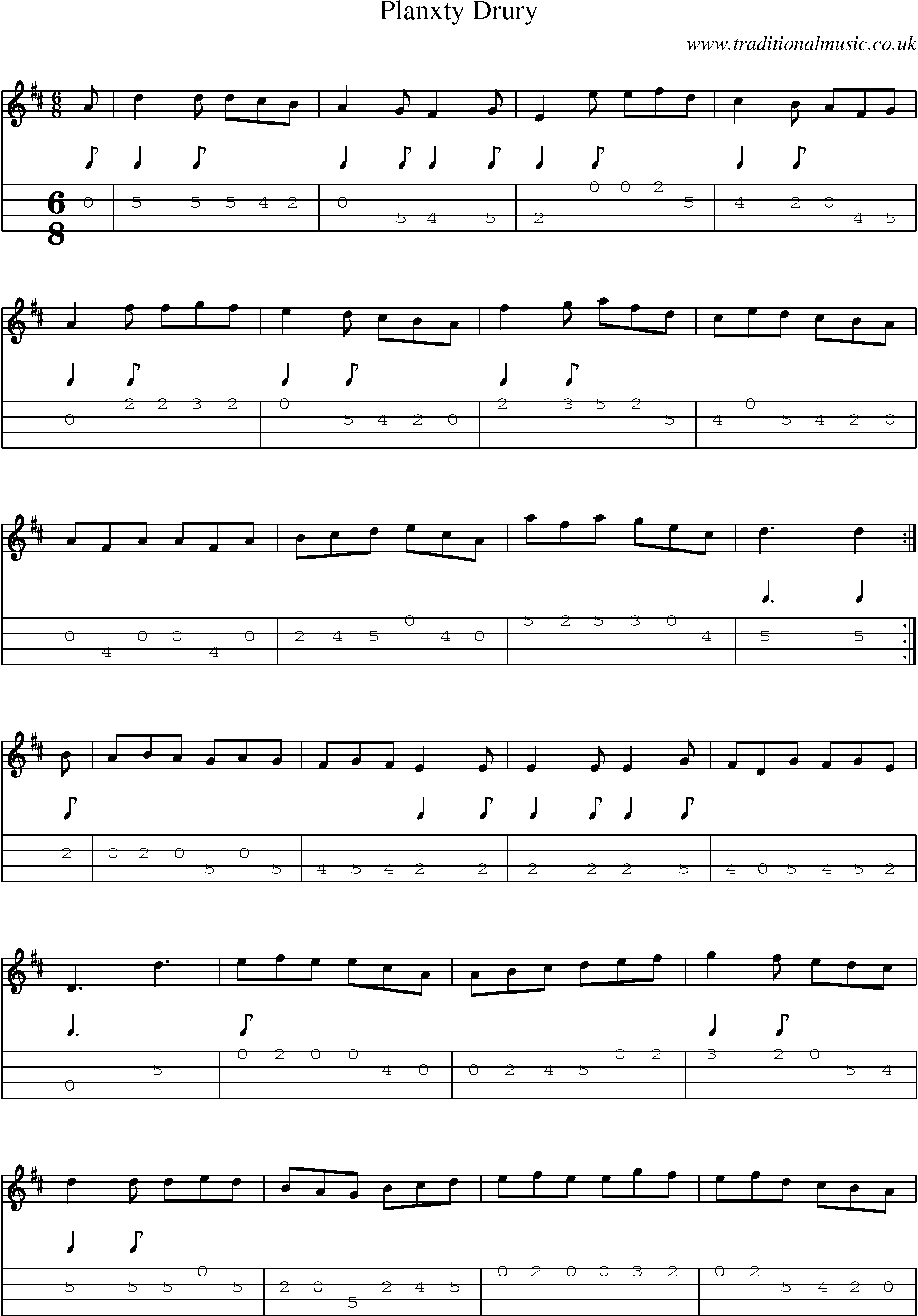 Music Score and Mandolin Tabs for Planxty Drury