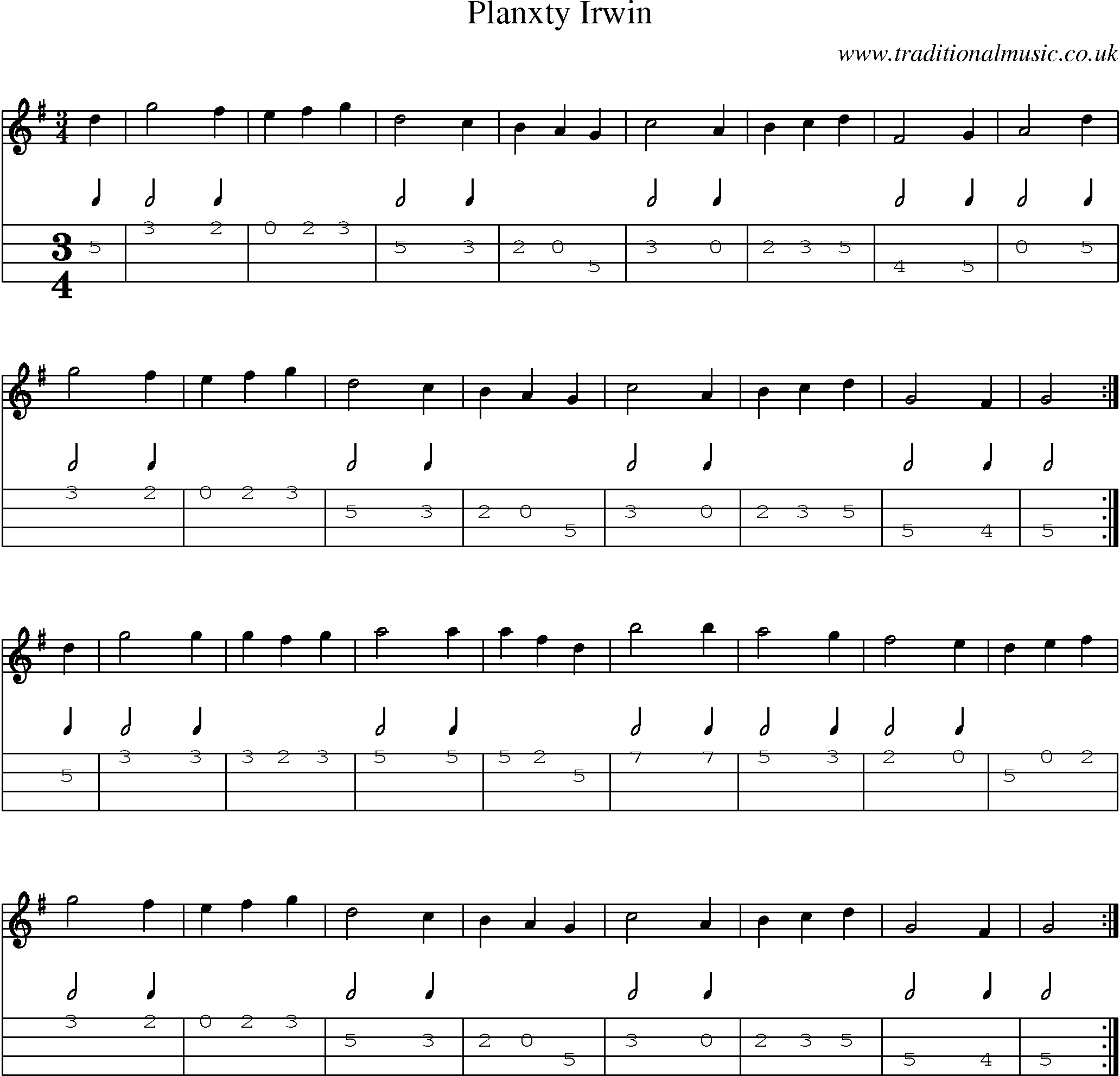 Music Score and Mandolin Tabs for Planxty Irwin