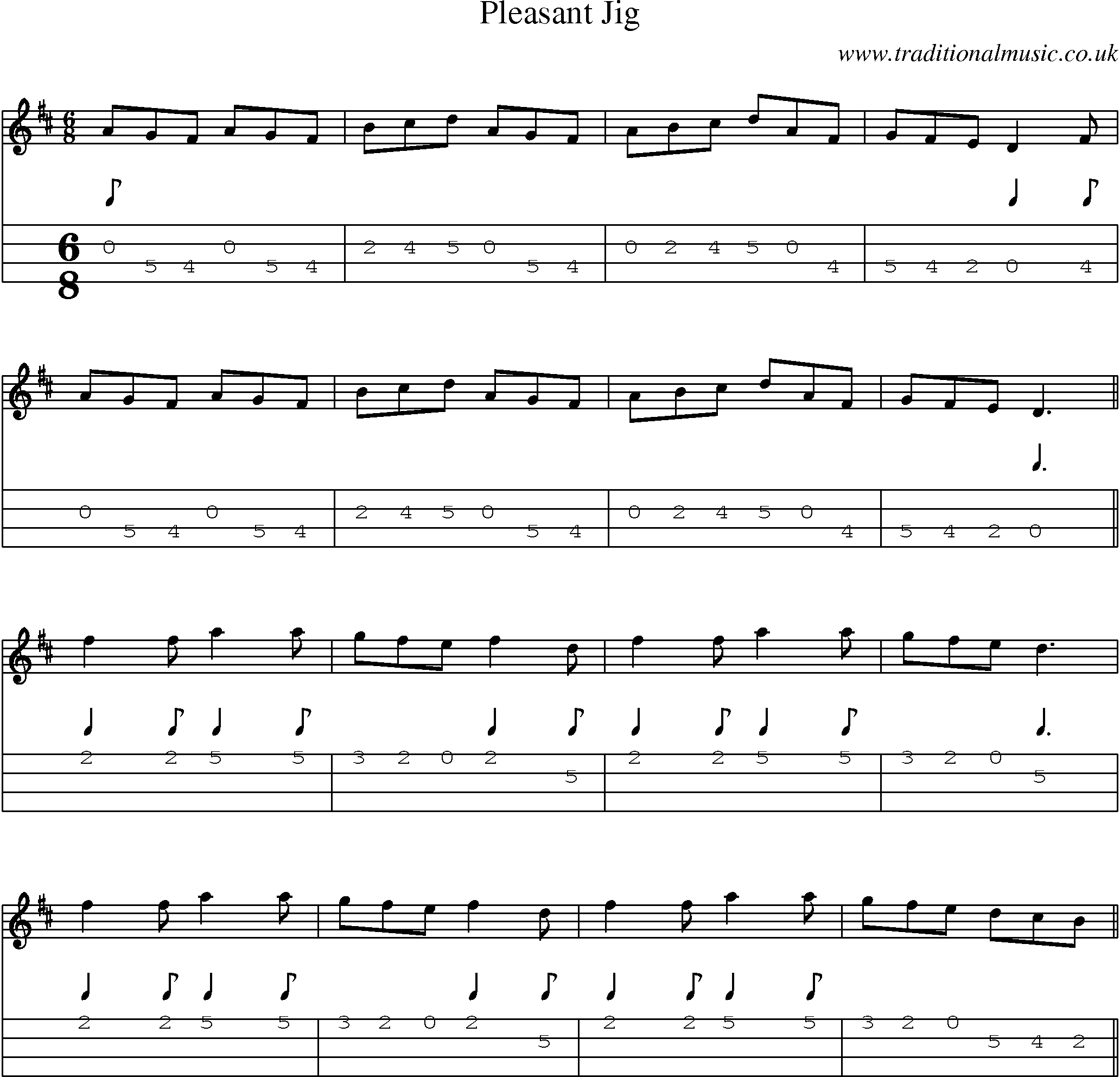 Music Score and Mandolin Tabs for Pleasant Jig