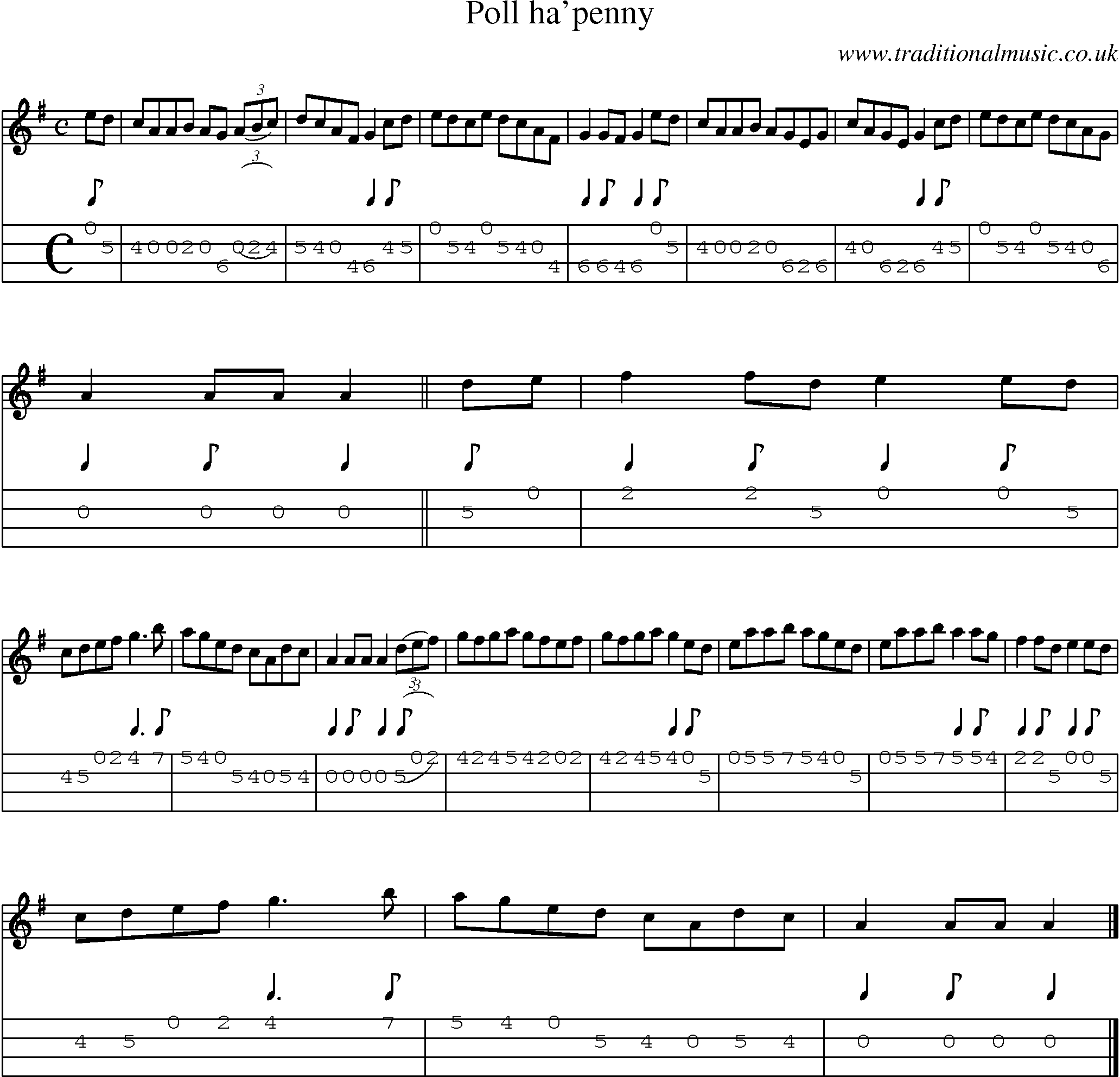 Music Score and Mandolin Tabs for Poll Hapenny