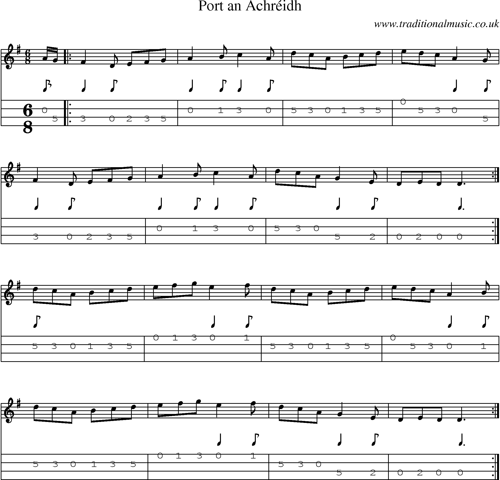 Music Score and Mandolin Tabs for Port An Achreidh