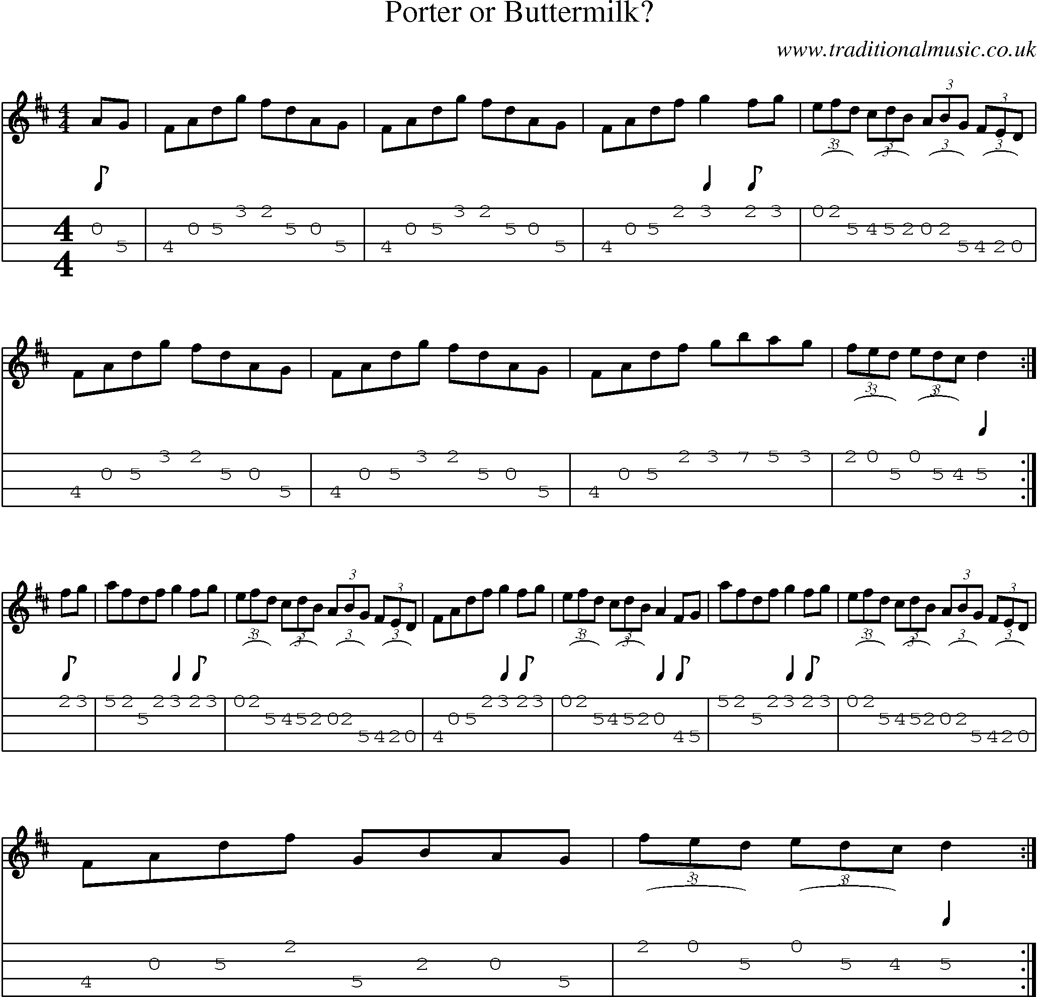 Music Score and Mandolin Tabs for Porter Or Buttermilk