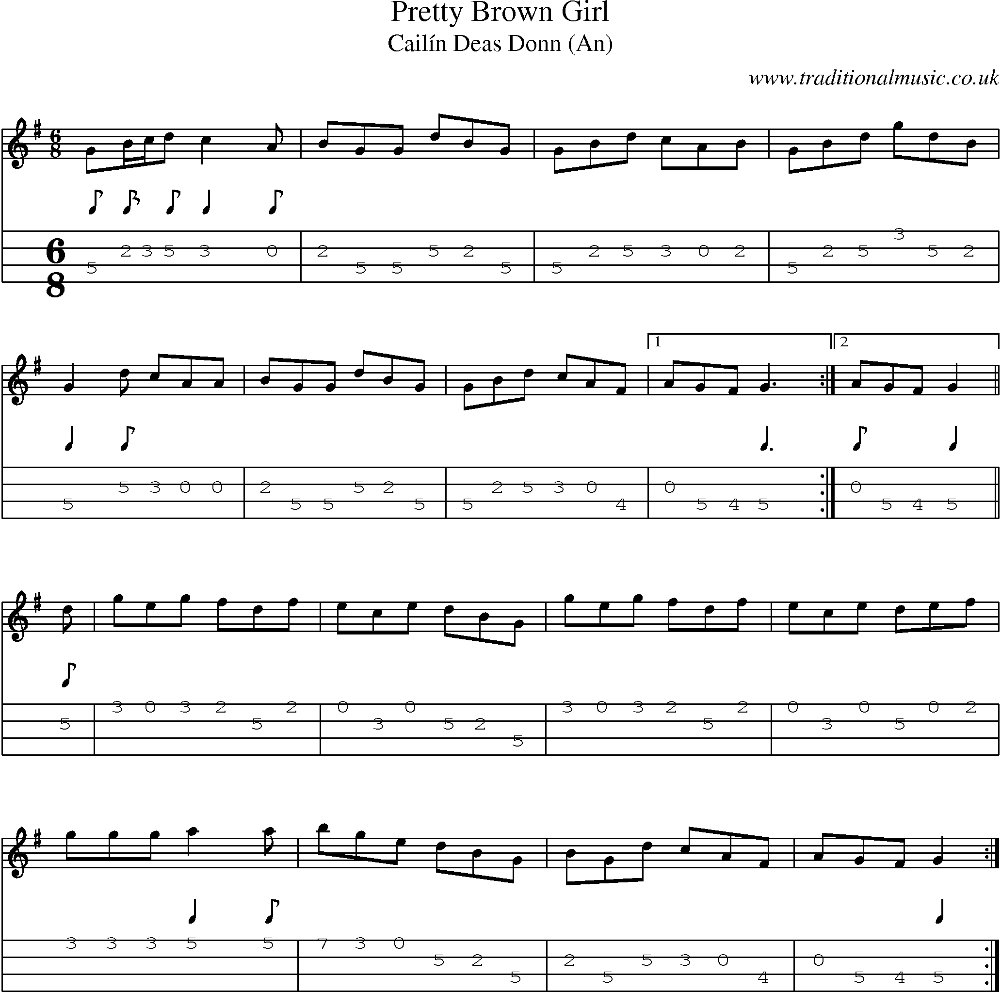 Music Score and Mandolin Tabs for Pretty Brown Girl
