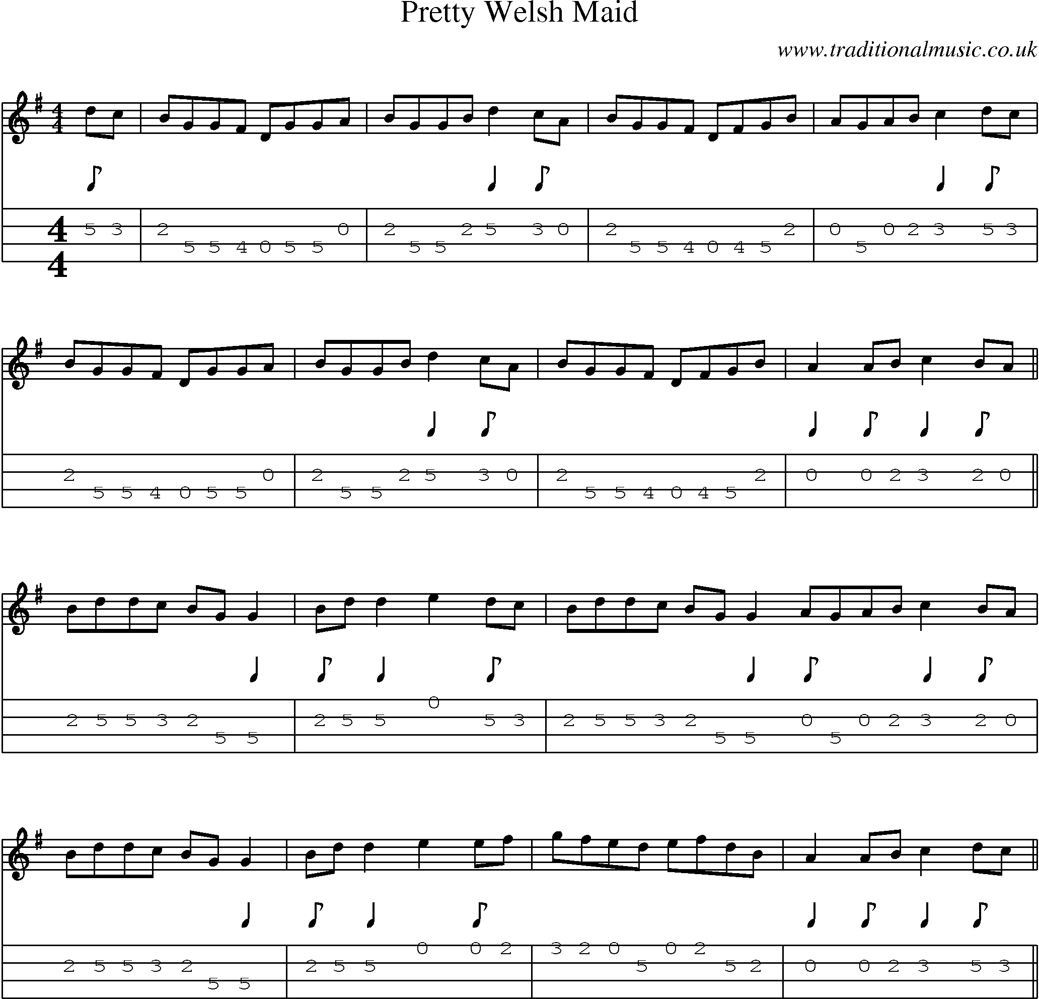 Music Score and Mandolin Tabs for Pretty Welsh Maid