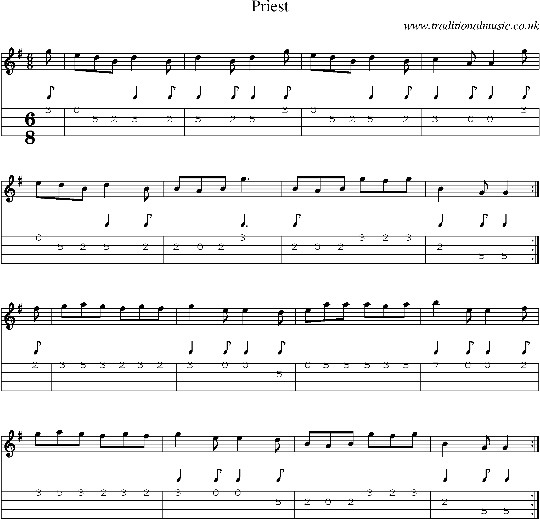 Music Score and Mandolin Tabs for Priest