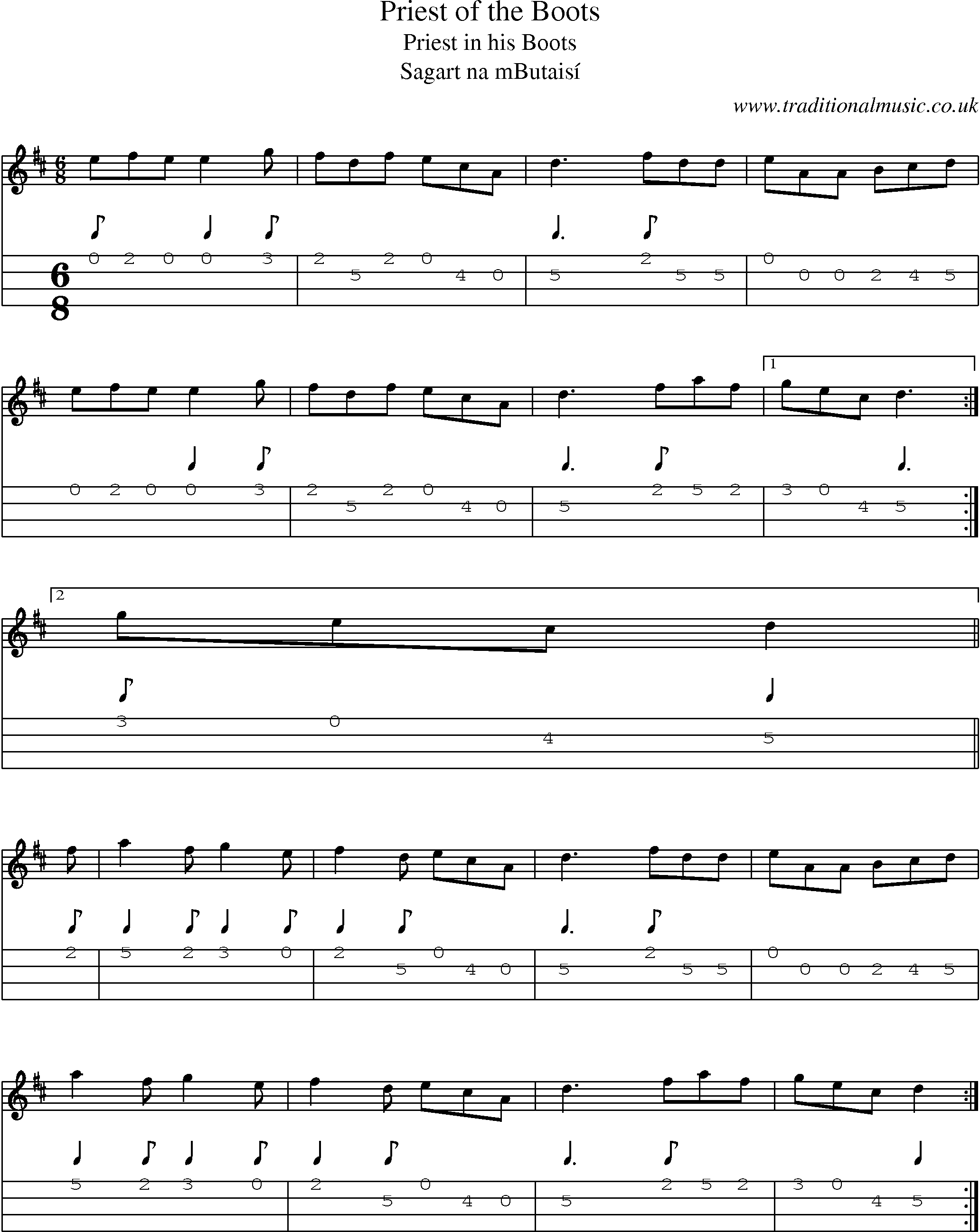 Music Score and Mandolin Tabs for Priest Of Boots