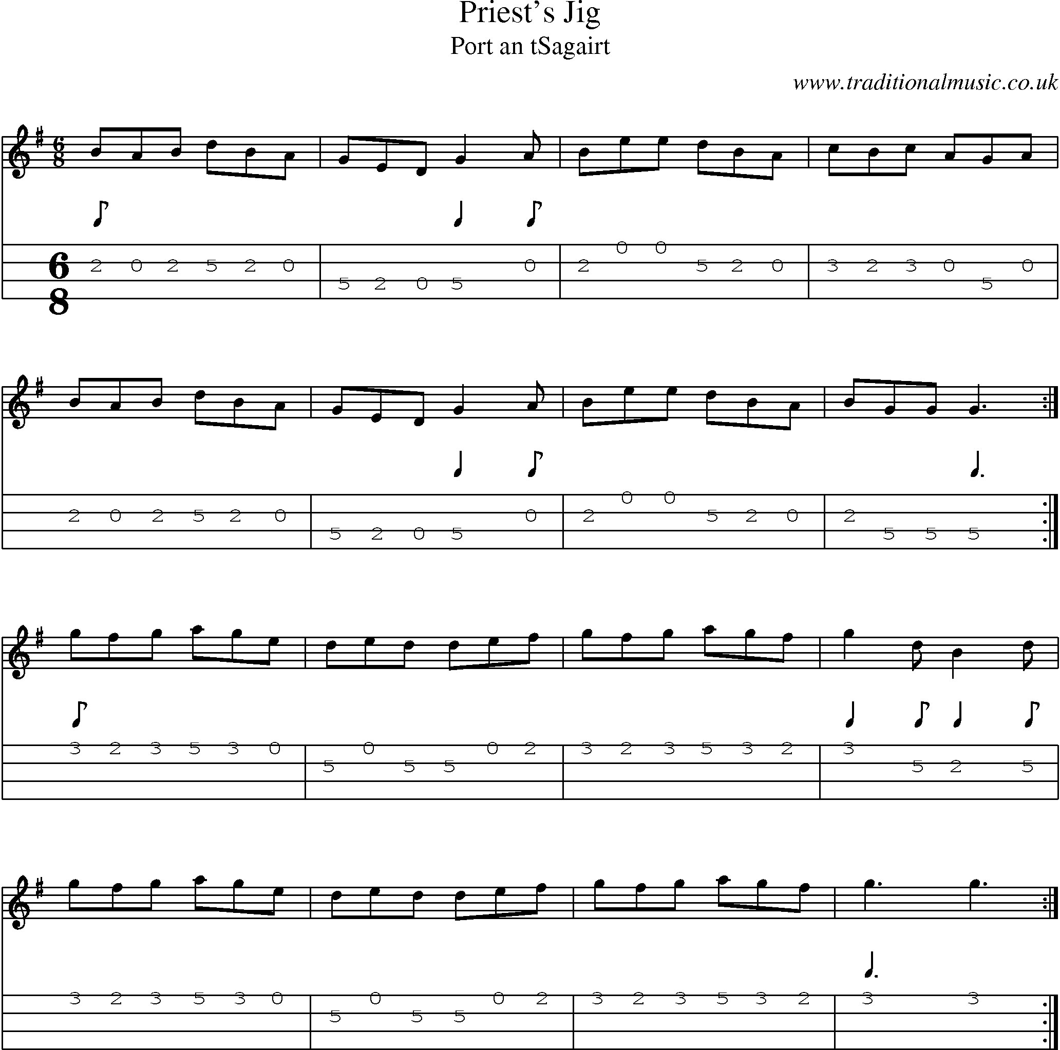 Music Score and Mandolin Tabs for Priests Jig