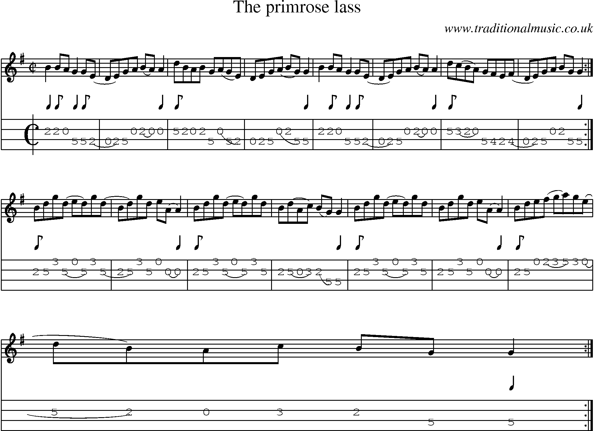 Music Score and Mandolin Tabs for Primrose Lass
