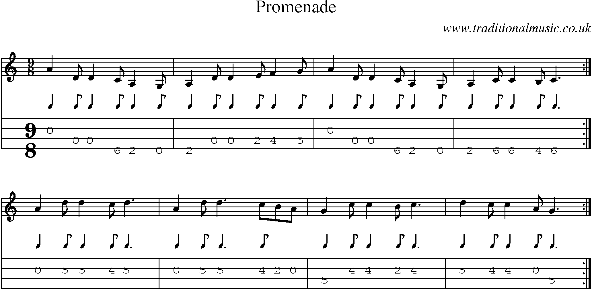 Music Score and Mandolin Tabs for Promenade