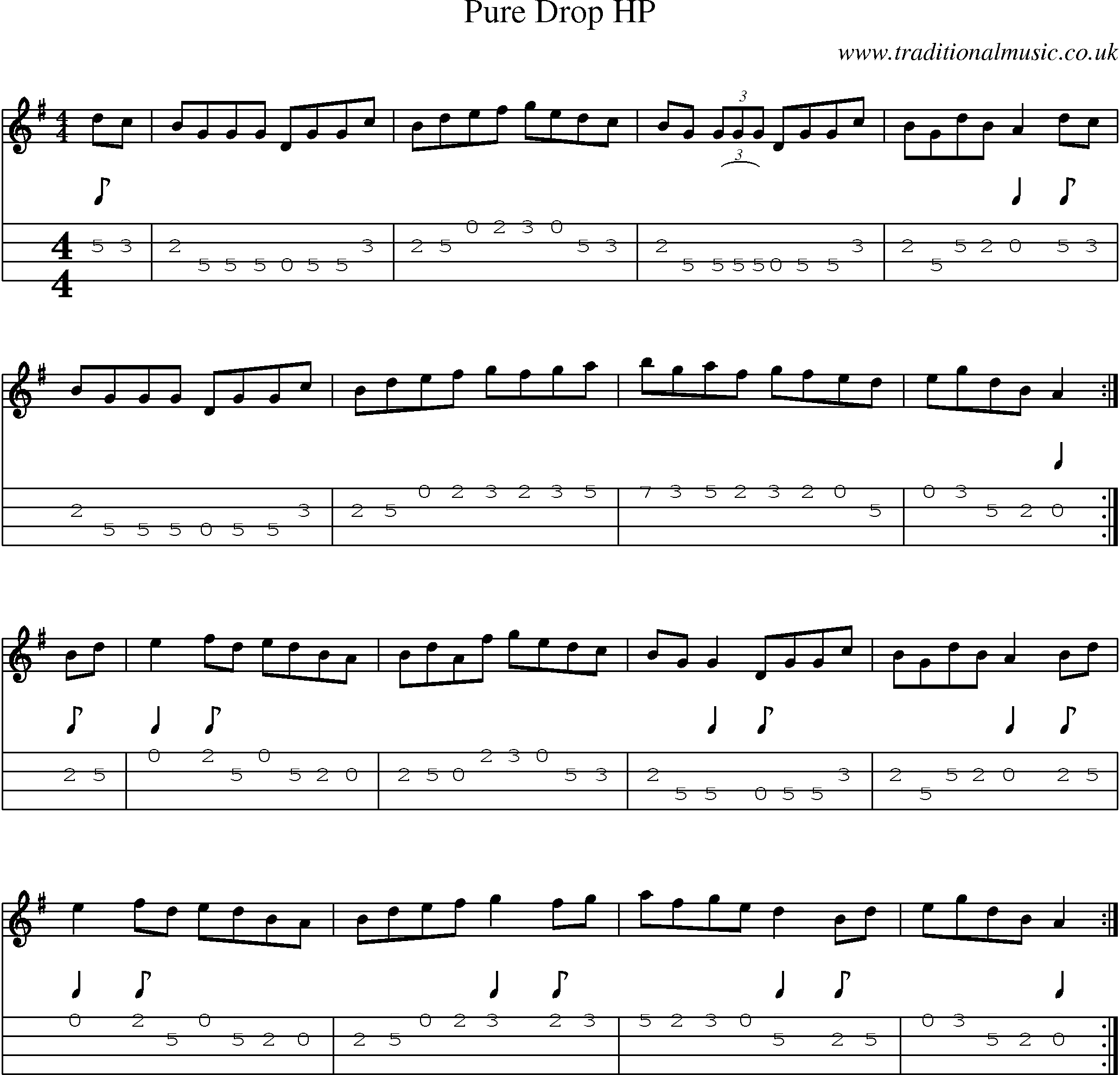Music Score and Mandolin Tabs for Pure Drop