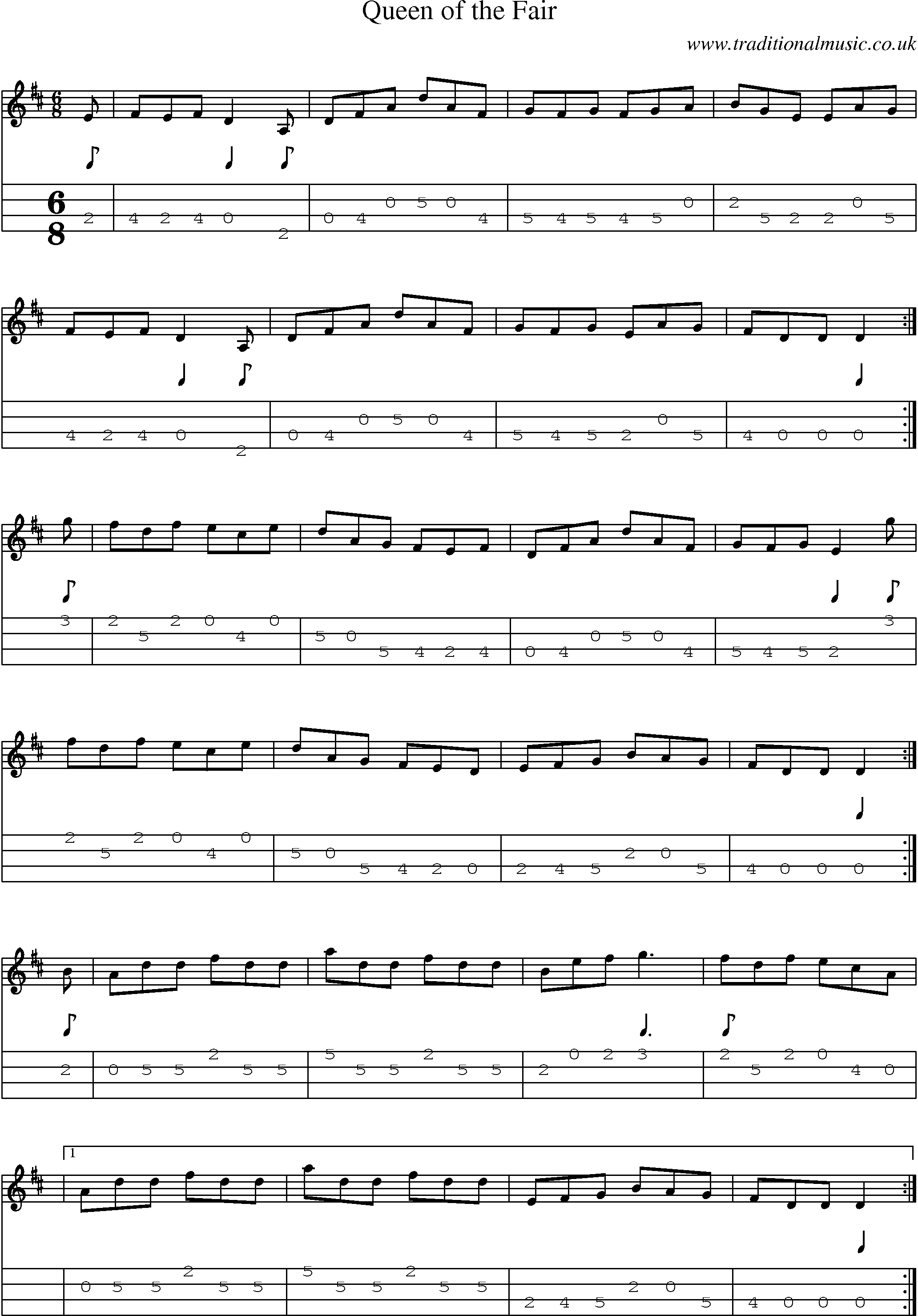Music Score and Mandolin Tabs for Queen Of Fair