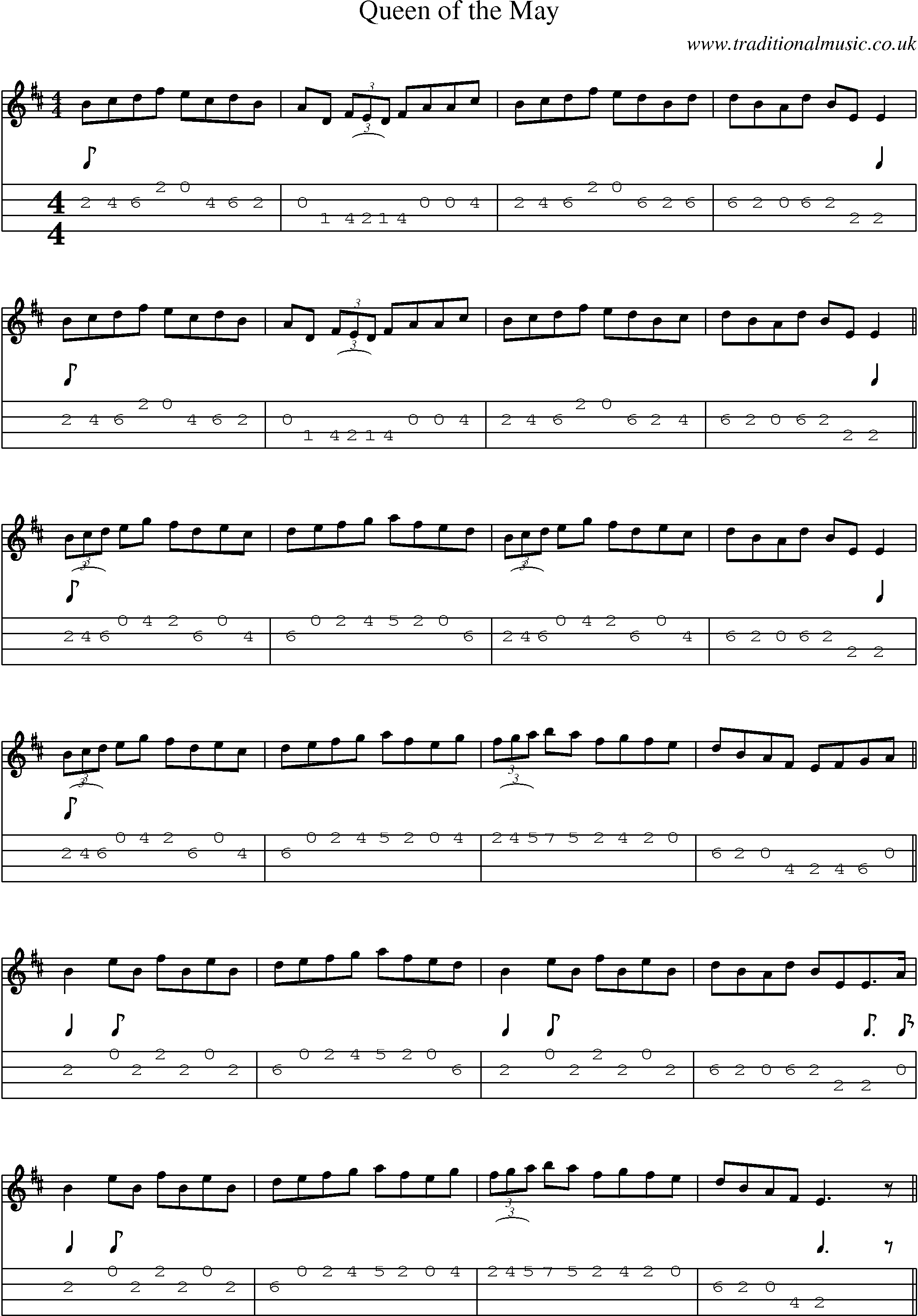 Music Score and Mandolin Tabs for Queen Of May