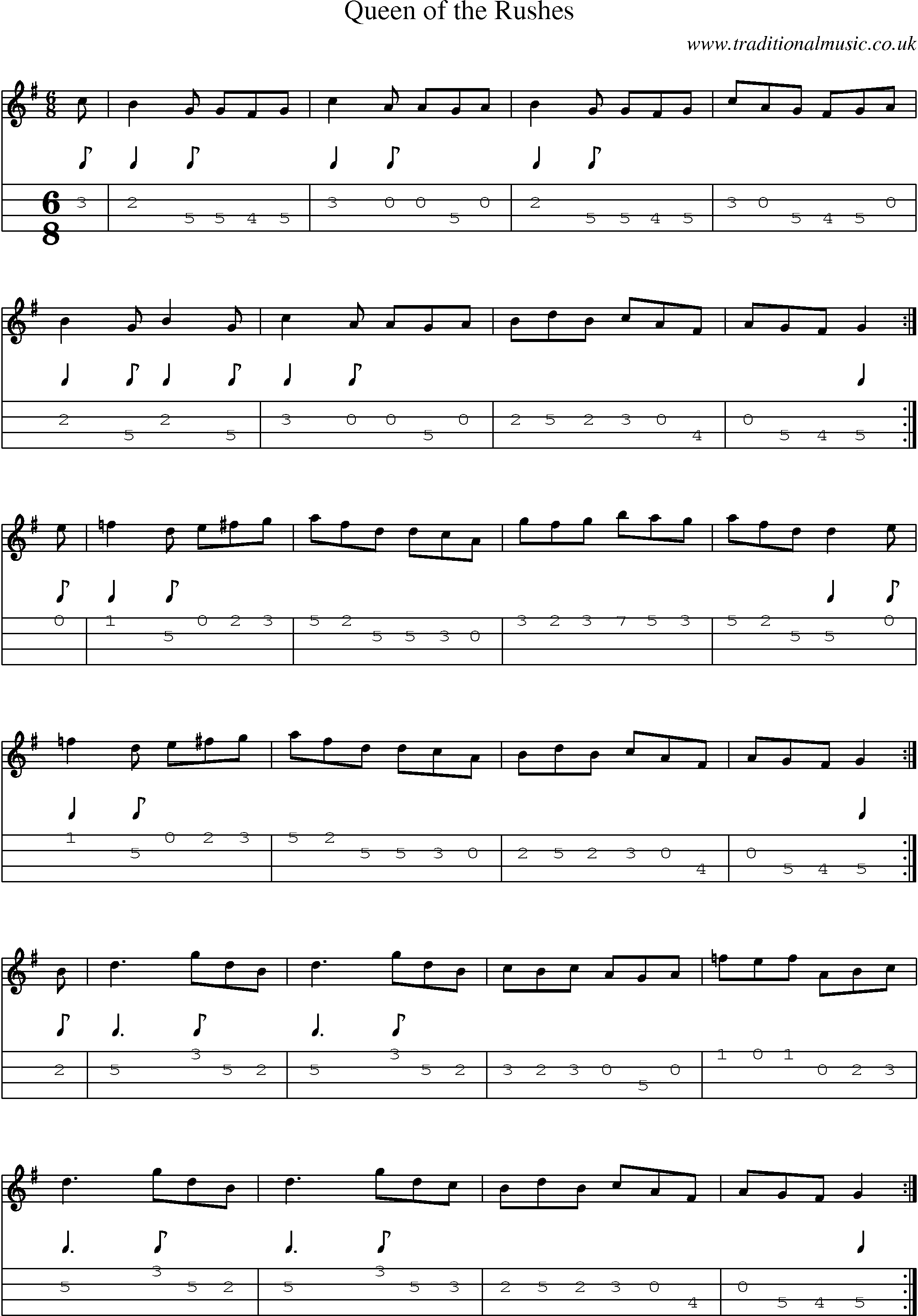 Music Score and Mandolin Tabs for Queen Of Rushes