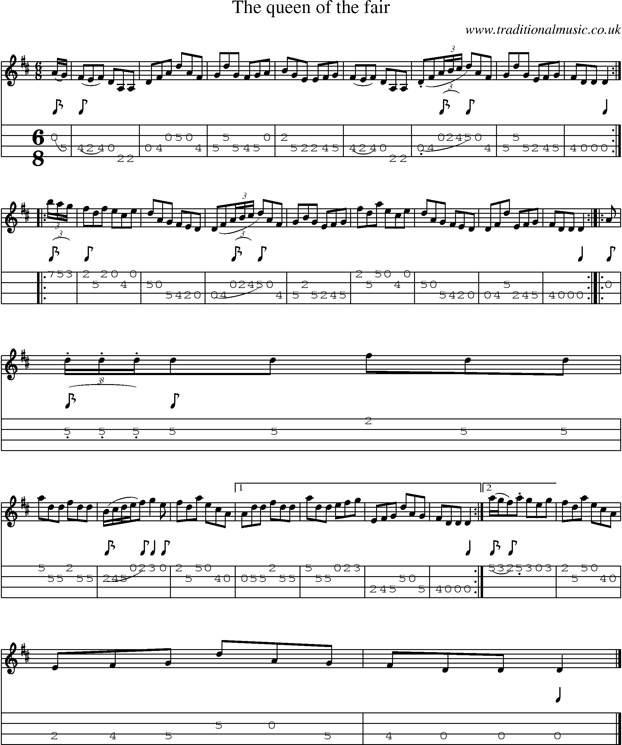 Music Score and Mandolin Tabs for Queen Of The Fair