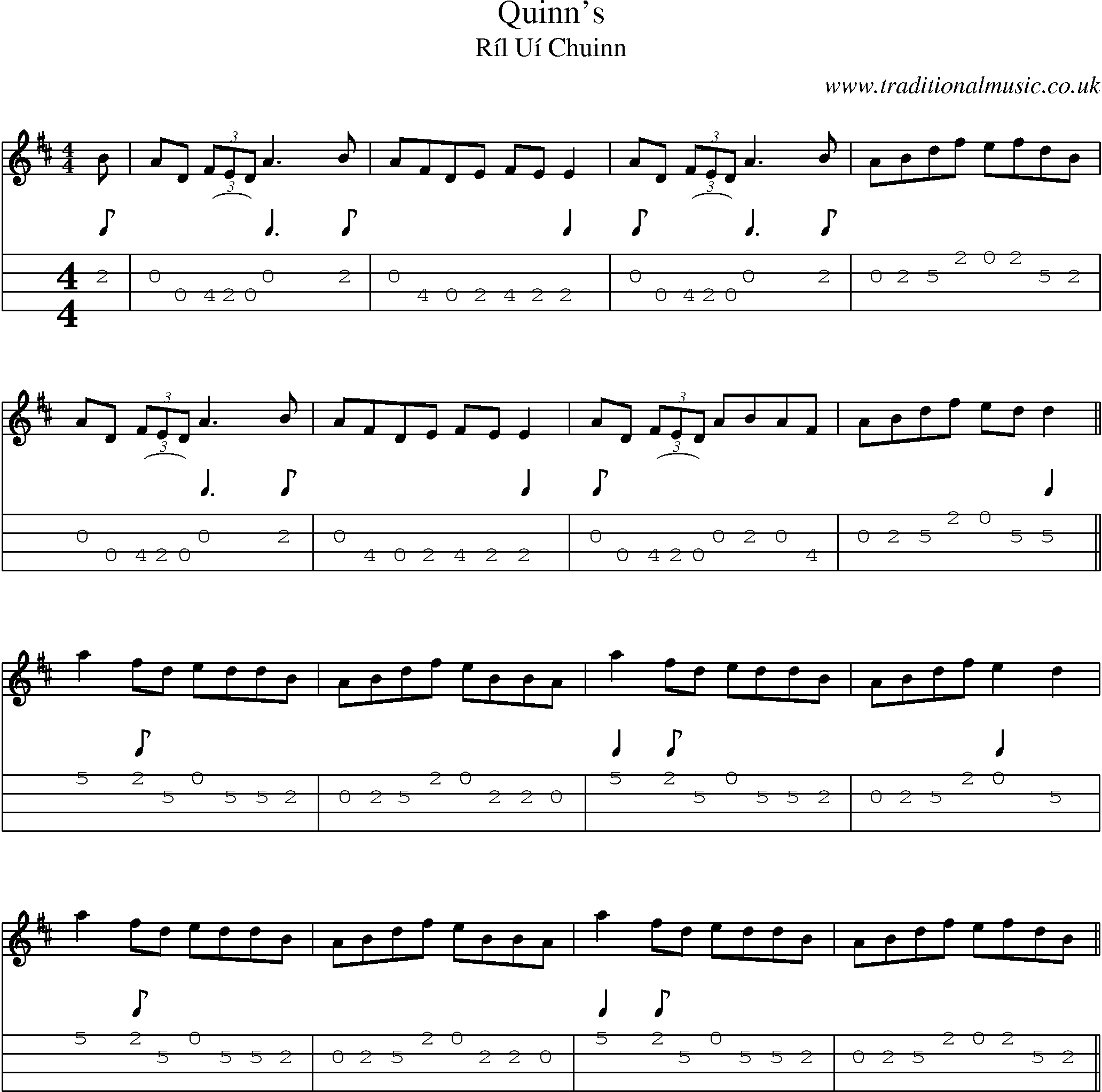 Music Score and Mandolin Tabs for Quinns