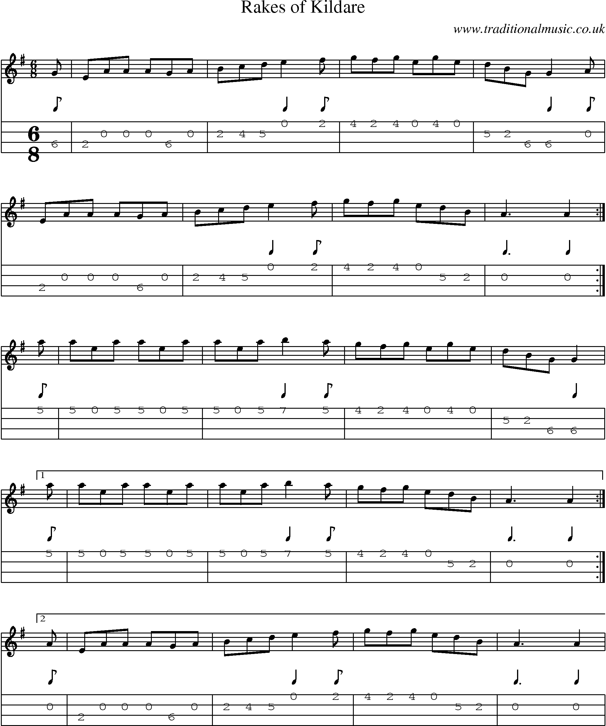 Music Score and Mandolin Tabs for Rakes Of Kildare