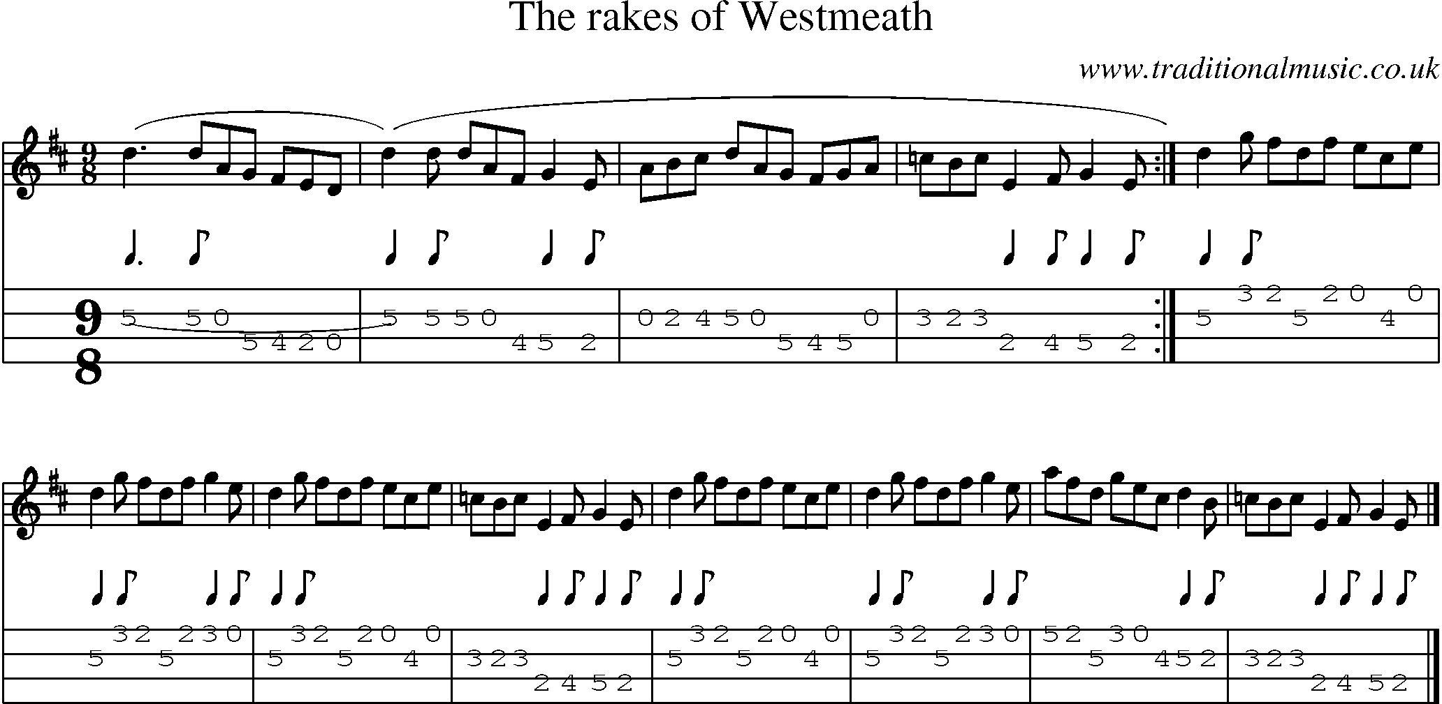 Music Score and Mandolin Tabs for Rakes Of Westmeath