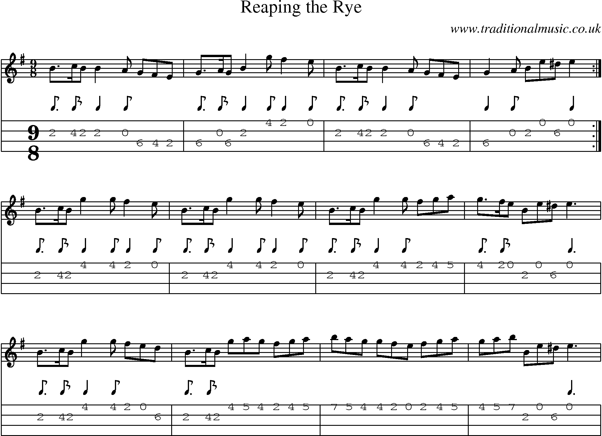 Music Score and Mandolin Tabs for Reaping Rye