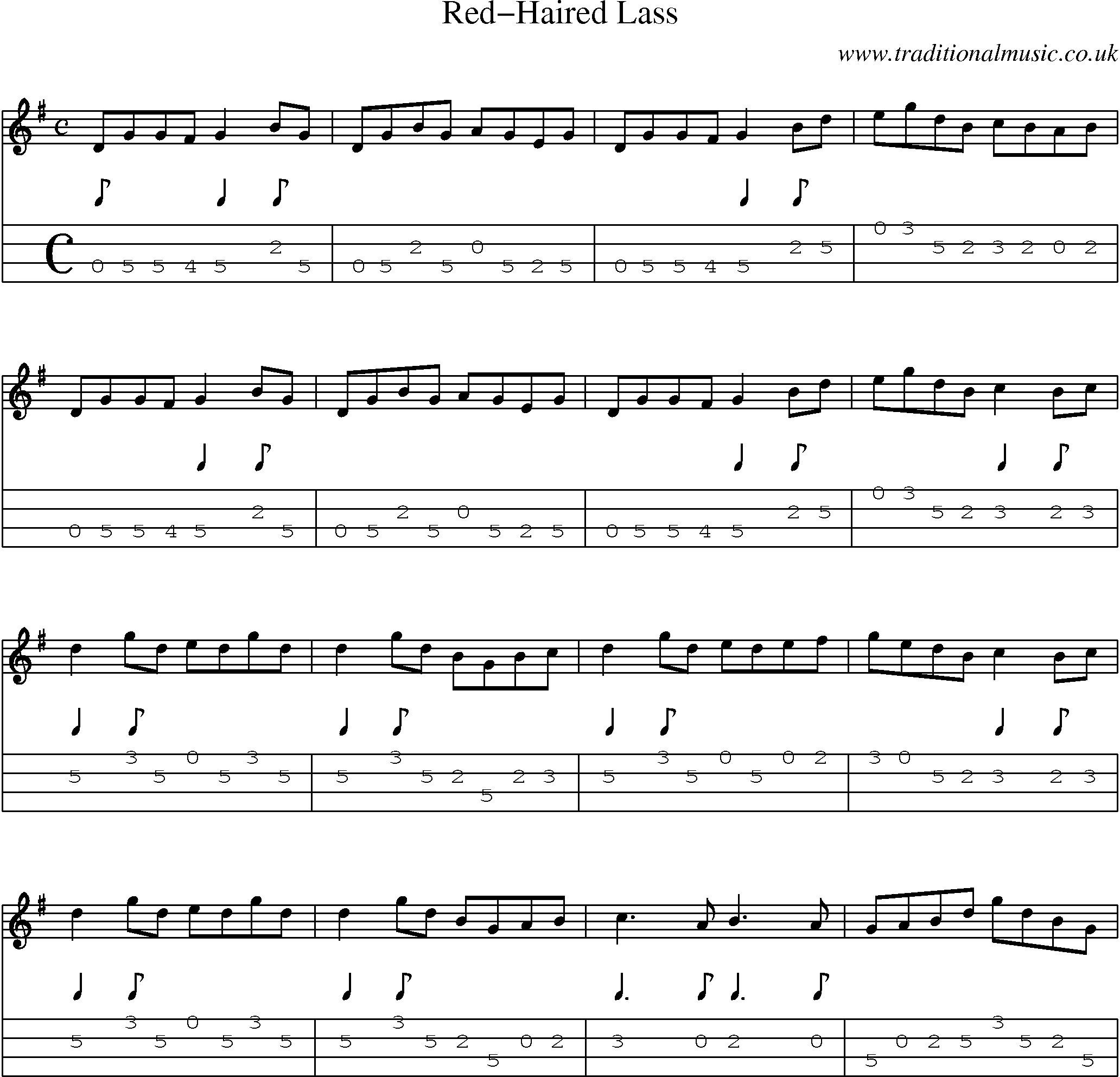 Music Score and Mandolin Tabs for Red-haired Lass