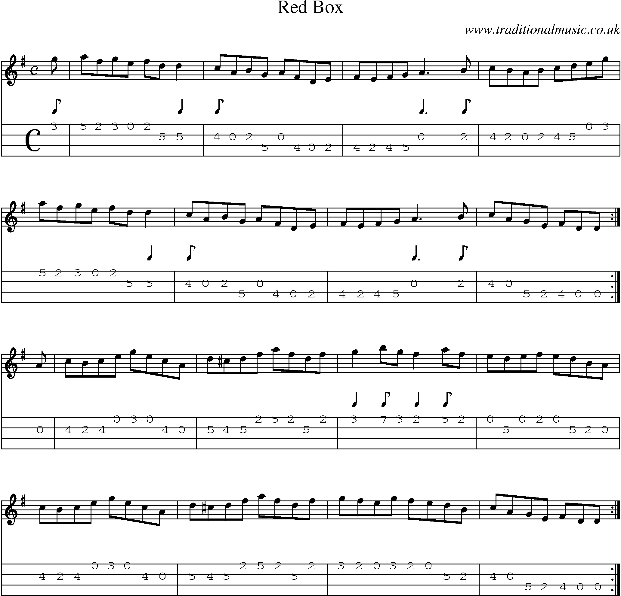 Music Score and Mandolin Tabs for Red Box