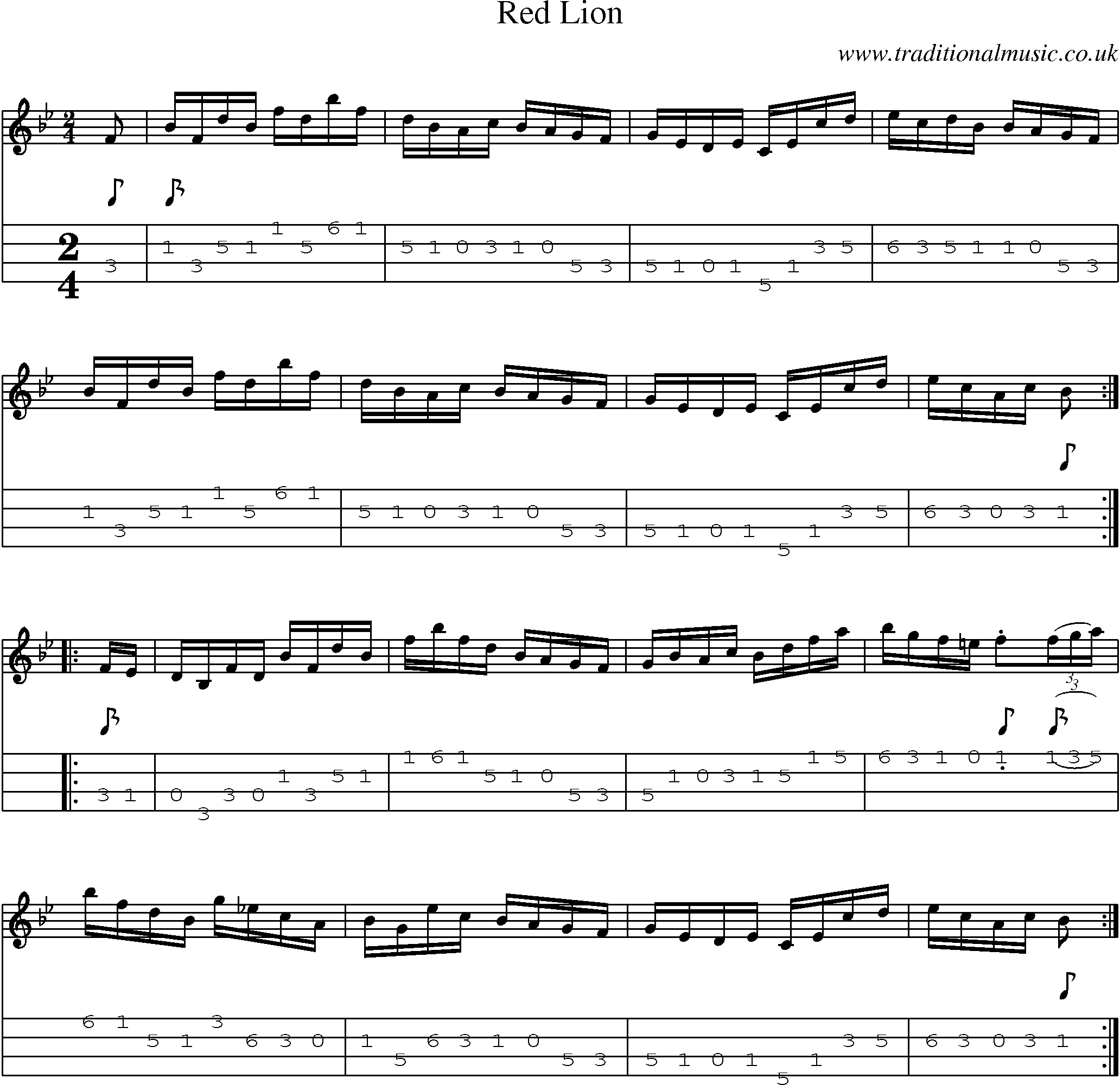 Music Score and Mandolin Tabs for Red Lion