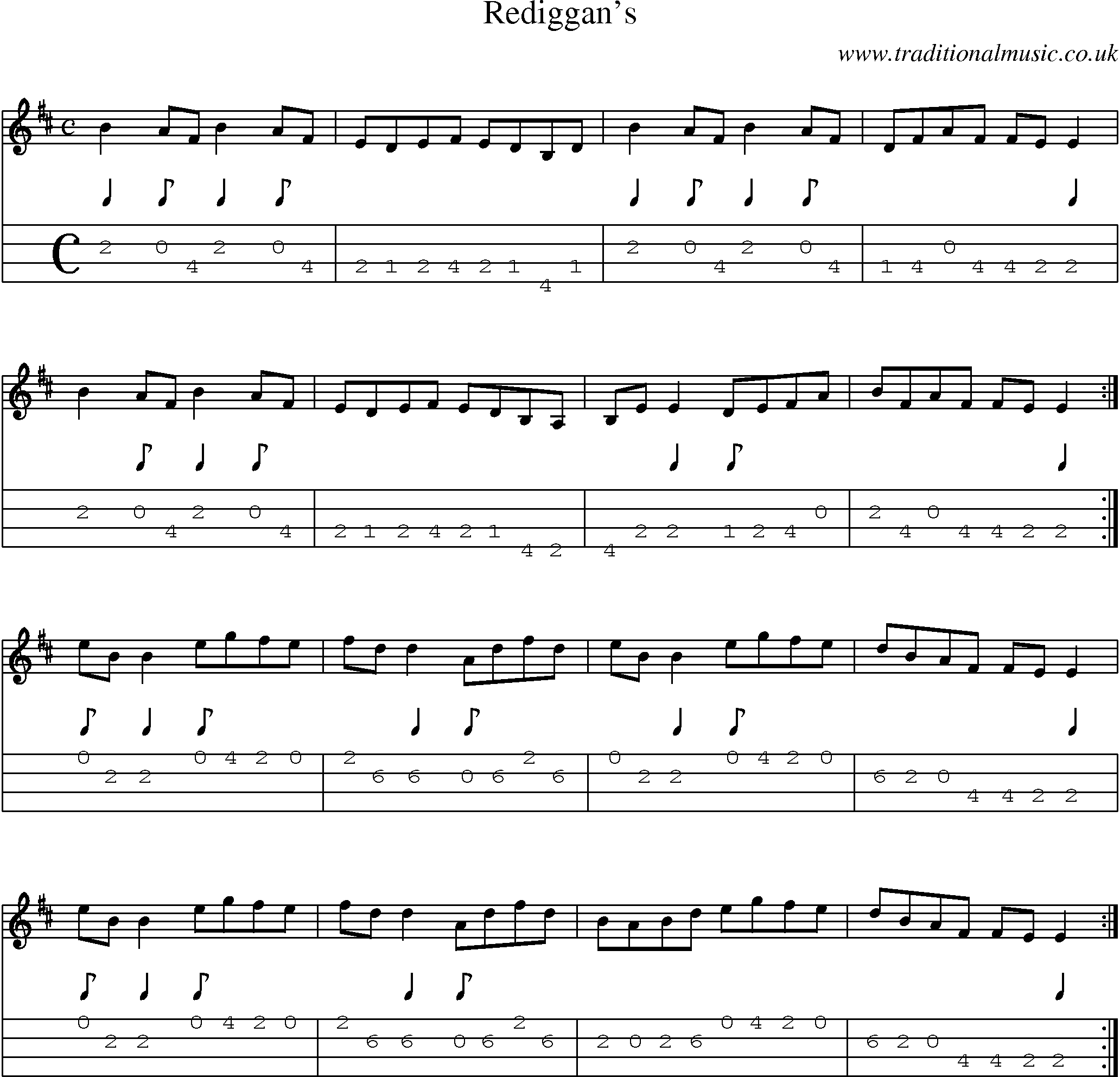 Music Score and Mandolin Tabs for Rediggans