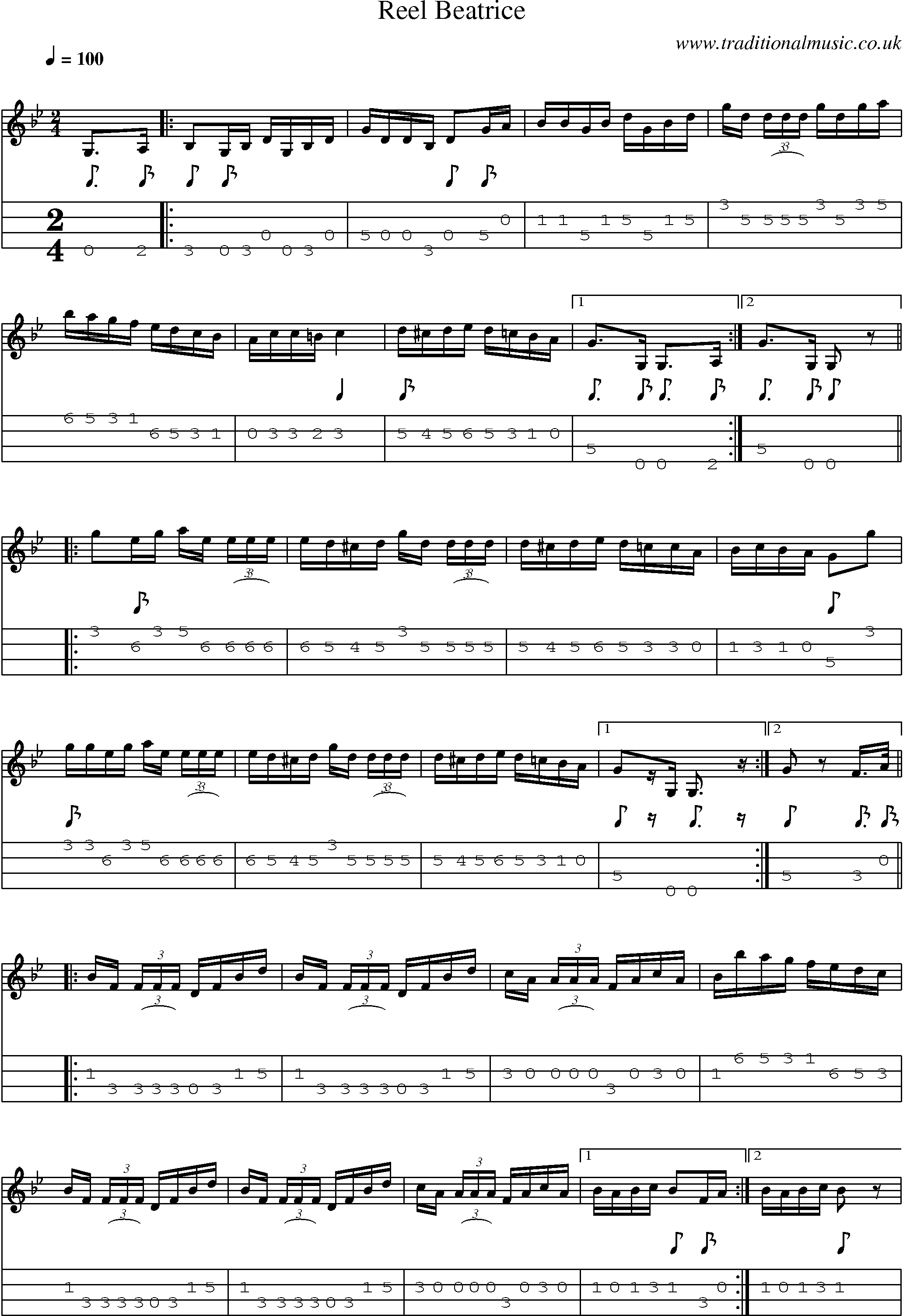 Music Score and Mandolin Tabs for Reel Beatrice