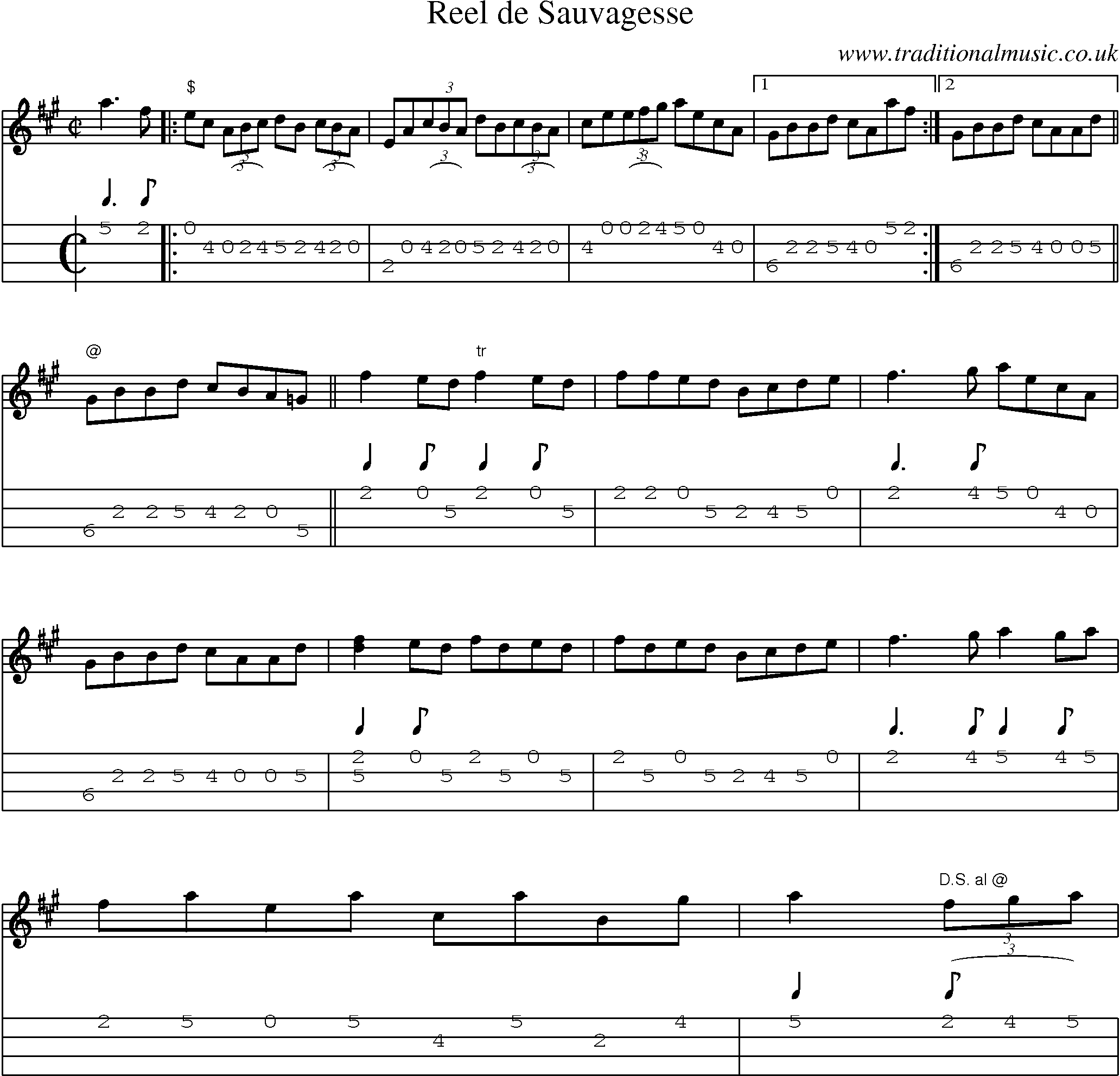 Music Score and Mandolin Tabs for Reel De Sauvagesse