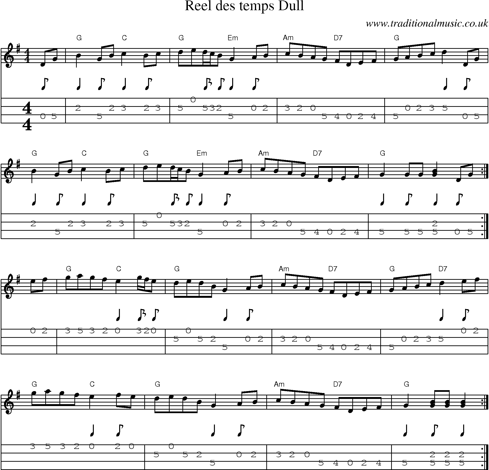 Music Score and Mandolin Tabs for Reel Des Temps Dull