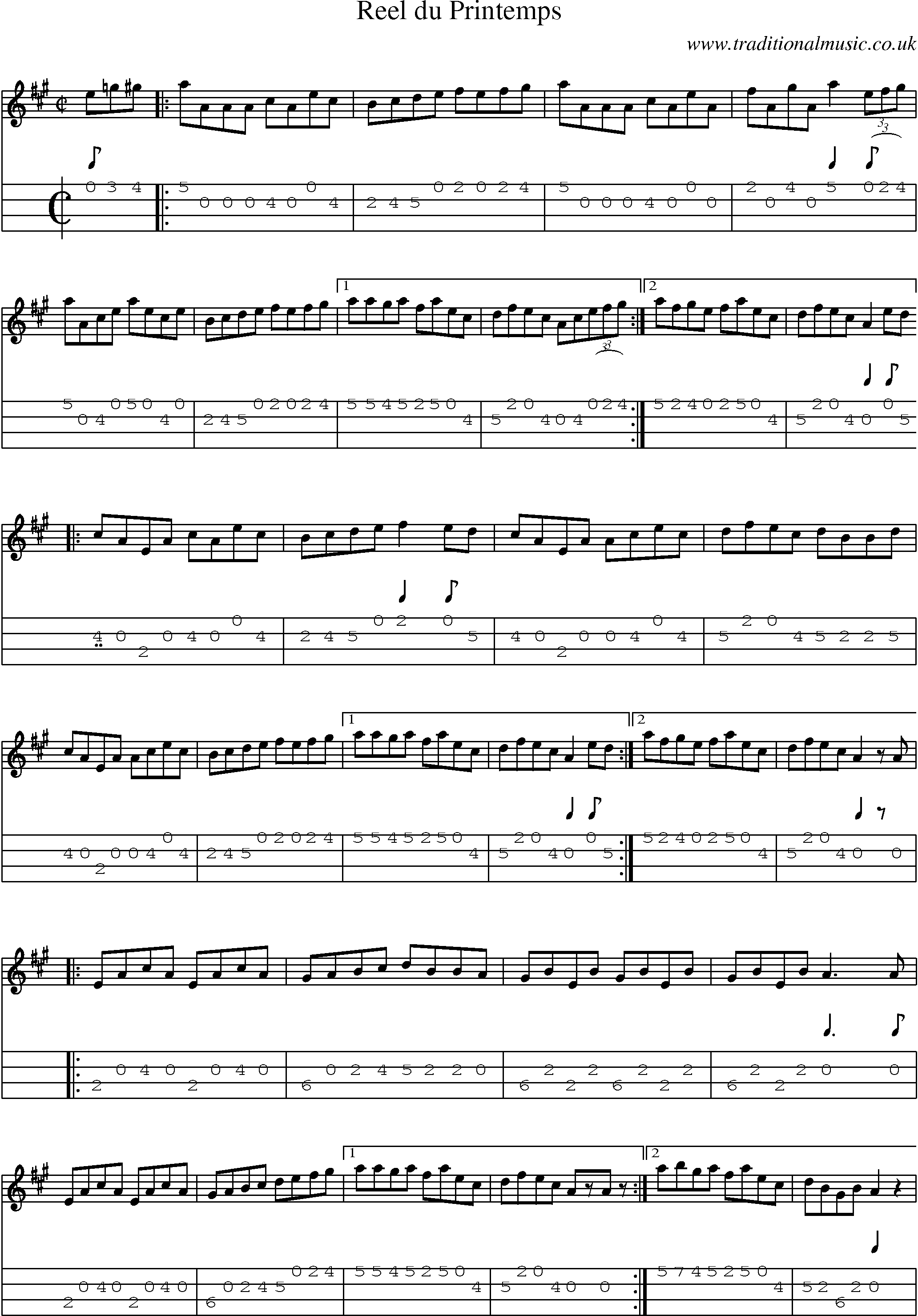Music Score and Mandolin Tabs for Reel Du Printemps
