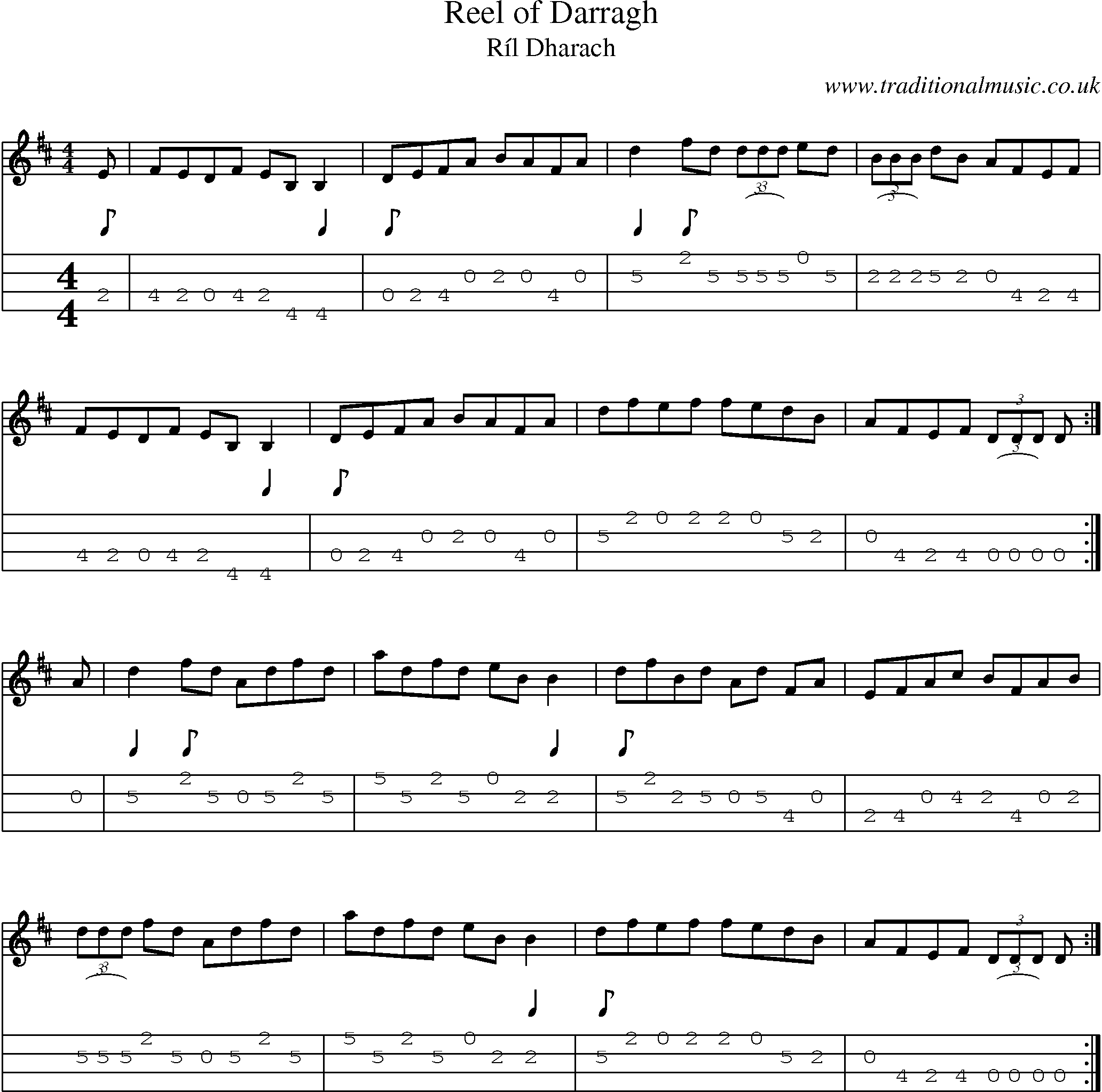 Music Score and Mandolin Tabs for Reel Of Darragh