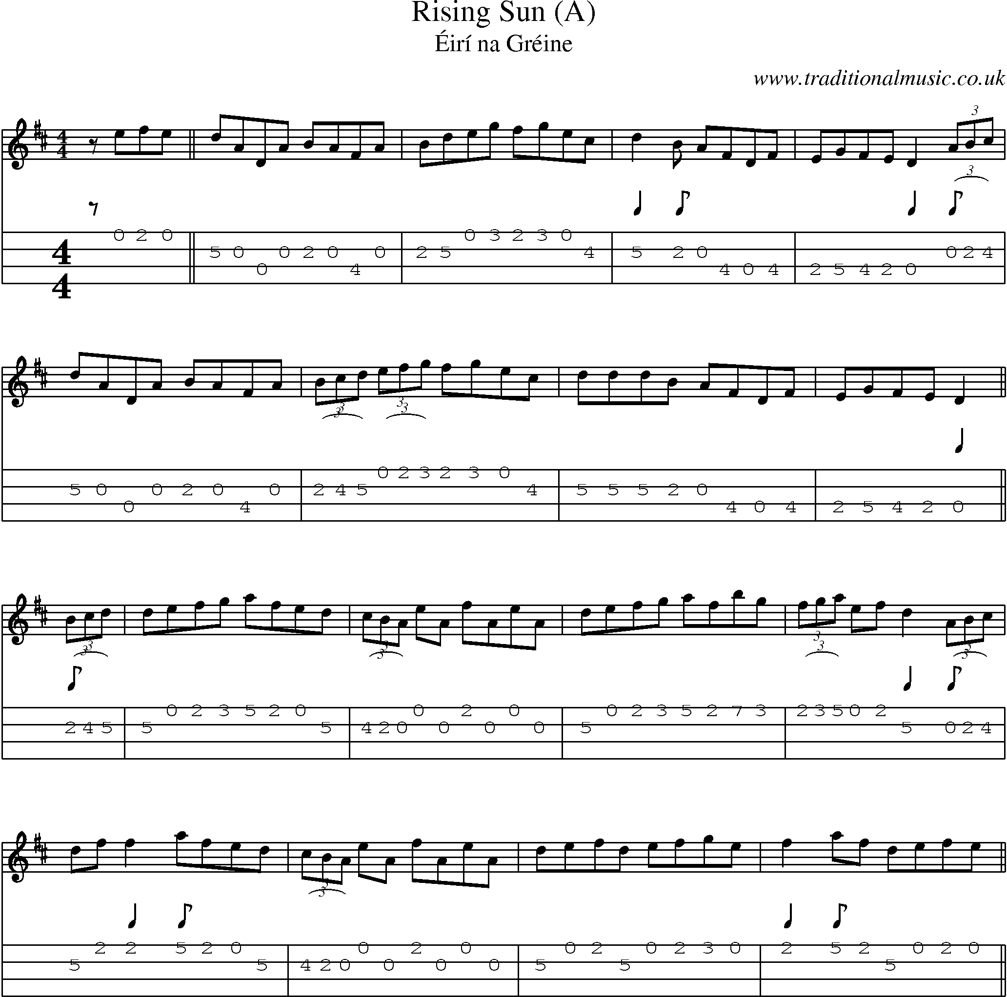 Music Score and Mandolin Tabs for Rising Sun (a)